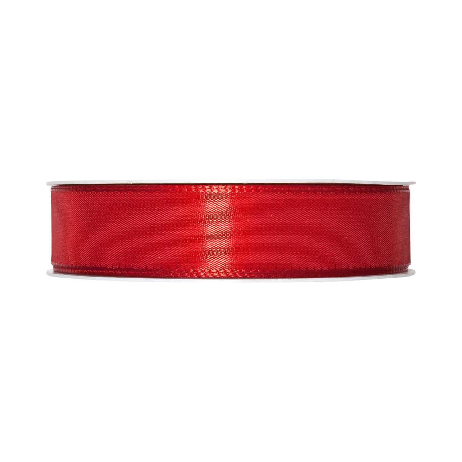Taftband 25mm 5m von Halbach in leuchtendem Rot, aufgerollt auf einer Spule, ideal für Dekorationen.