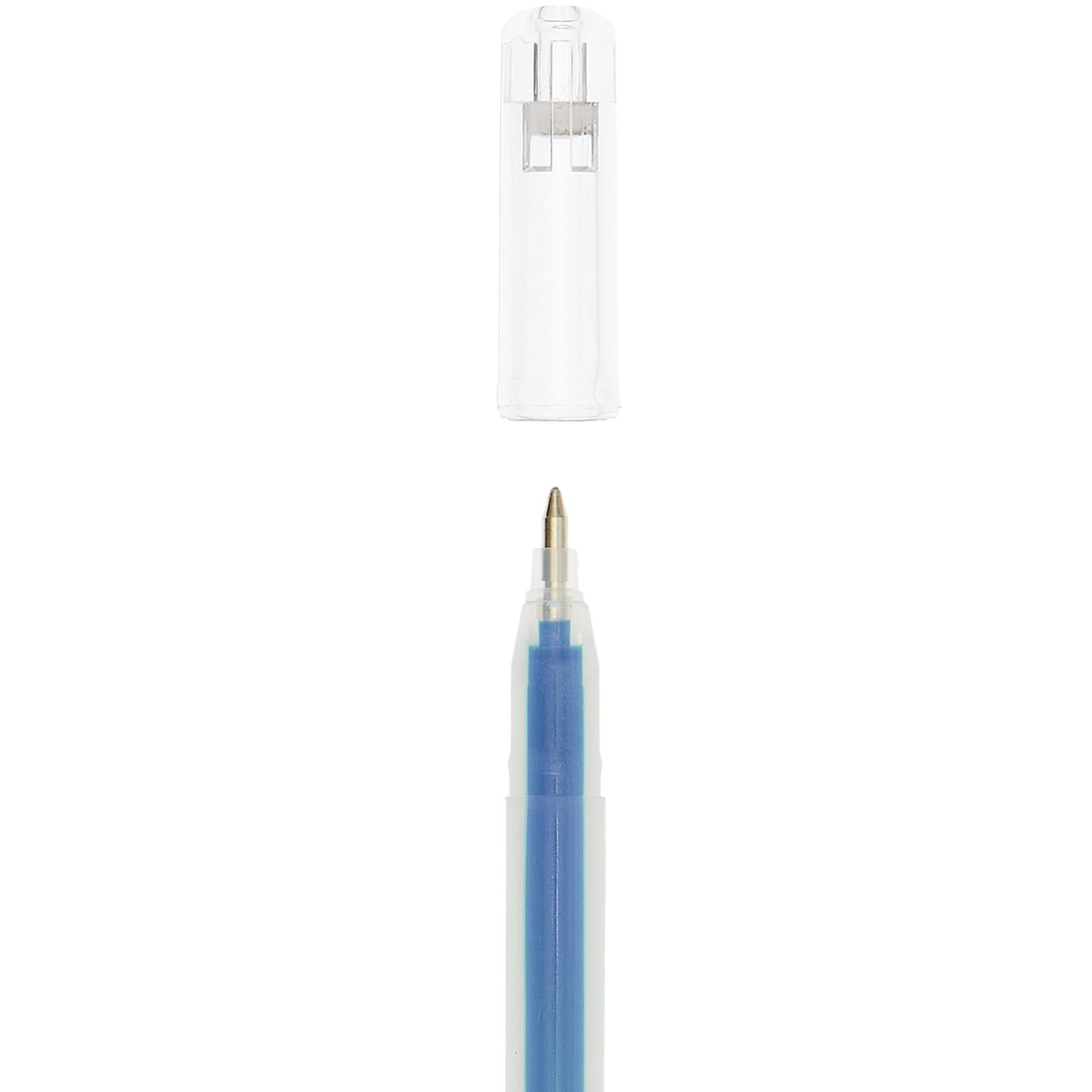 Gelstift Metallic 0,8mm von Rico Design in Blau, mit abnehmbarem transparentem Deckel und feiner Spitze. Ideal für präzises Schreiben.