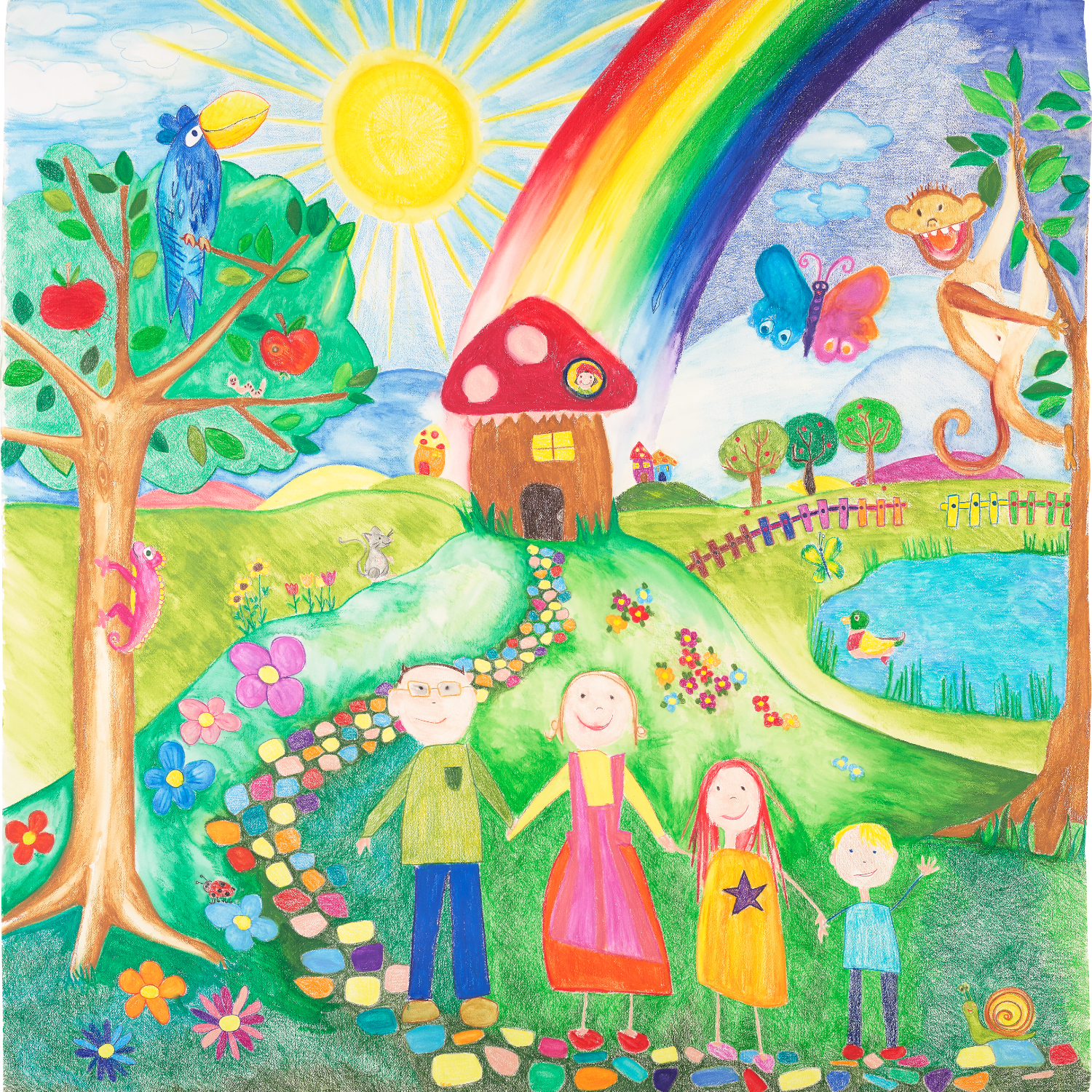 Jumbo Grip Textliner: Buntes Kinderbild mit Regenbogen, Sonne, Tieren und einer fröhlichen Familie.