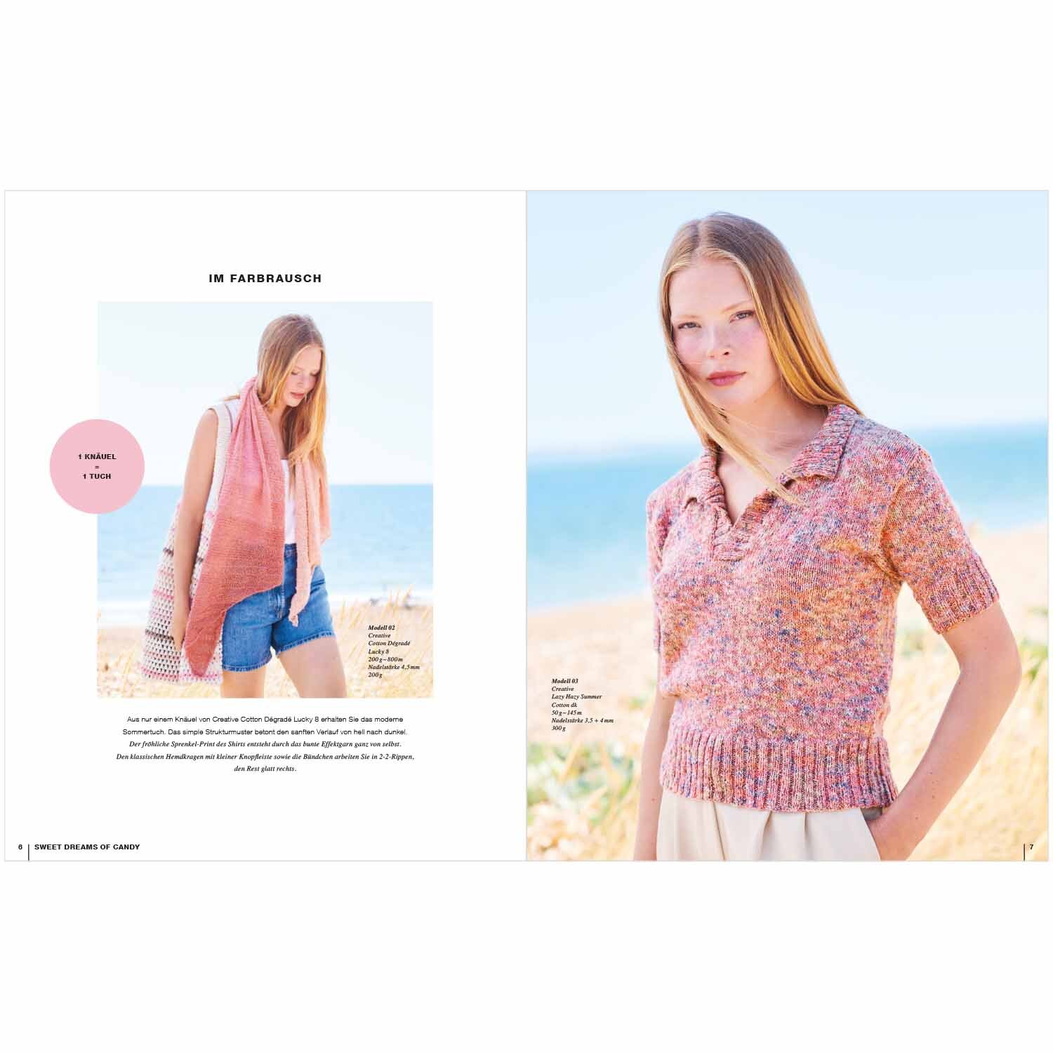 Lovewool Nr.16 Handstrickmagazin Frühjahr-Sommer zeigt ein Modell in einem gestrickten, rosa Oberteil am Strand.