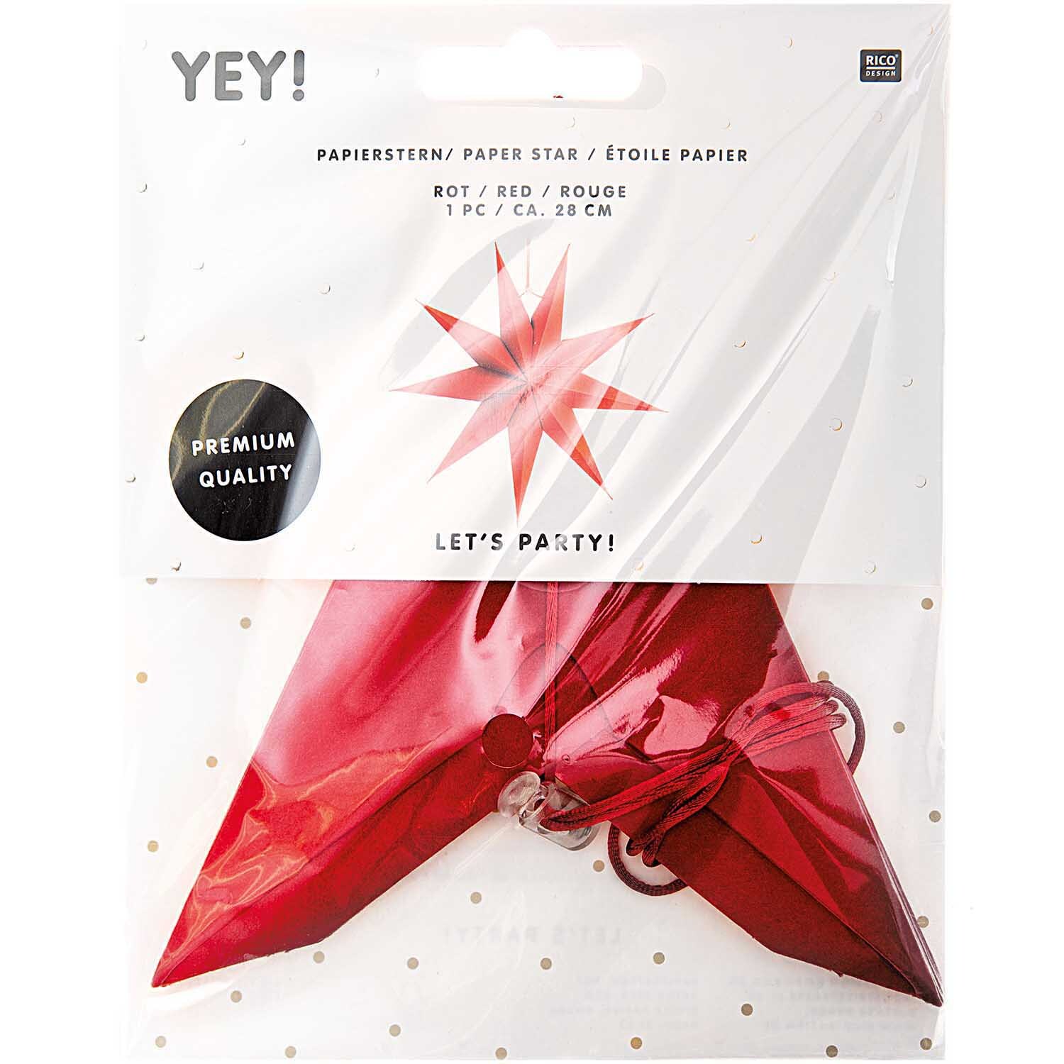 Papierstern auffaltbar 28cm von Rico Design in Rot, verpackt in transparenter Hülle mit Premium-Qualitätssiegel.