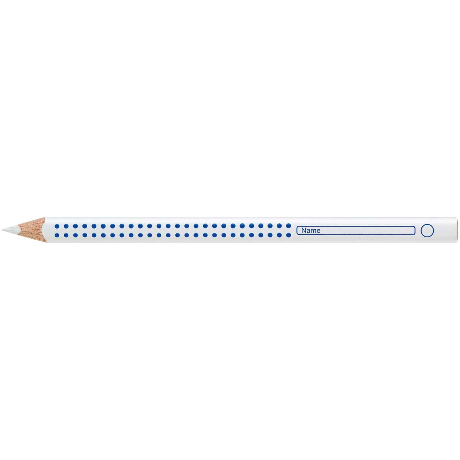 Jumbo Grip Heft- und Tafelstift von Faber Castell in Weiß mit blauen Punkten und Namensfeld.