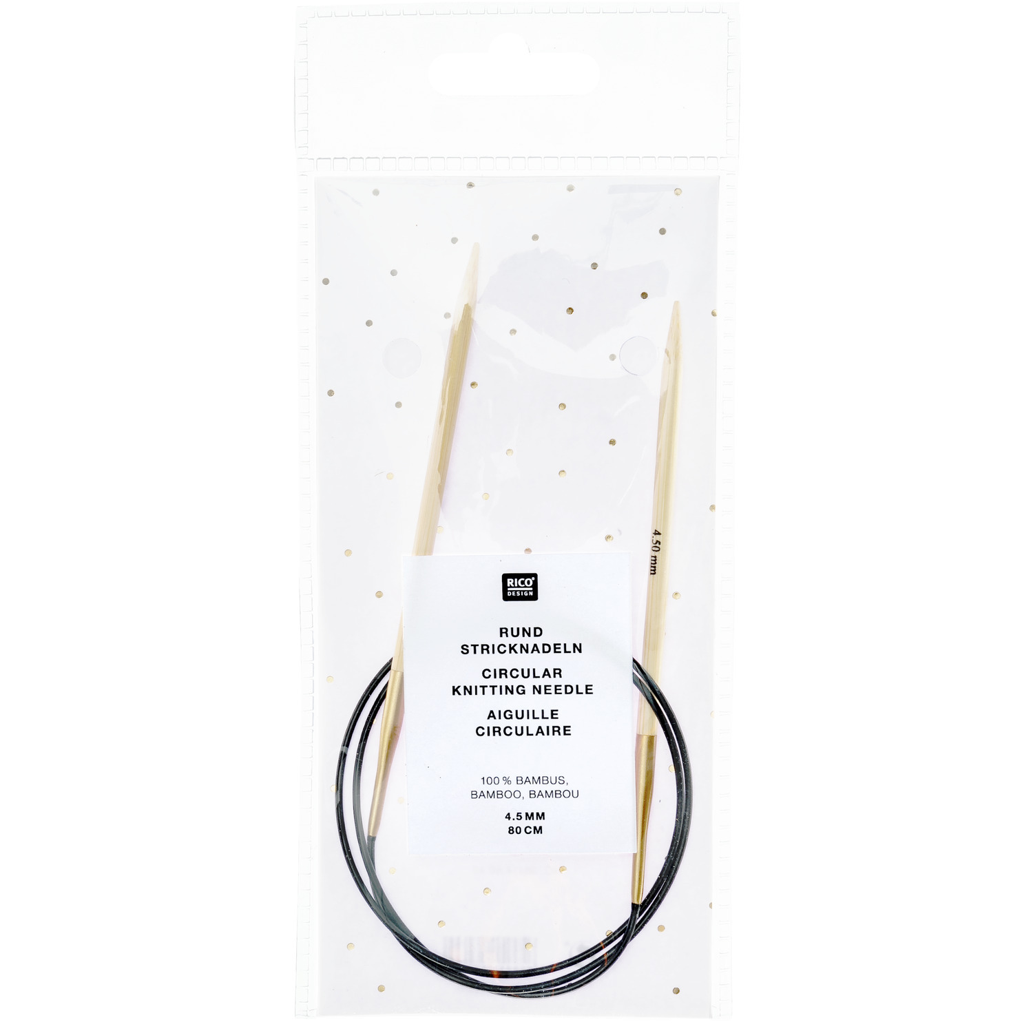 Rundstricknadel 80cm Bambus von Rico Design in transparenter Verpackung mit schwarzem Kabel. Ideal für Strickprojekte.