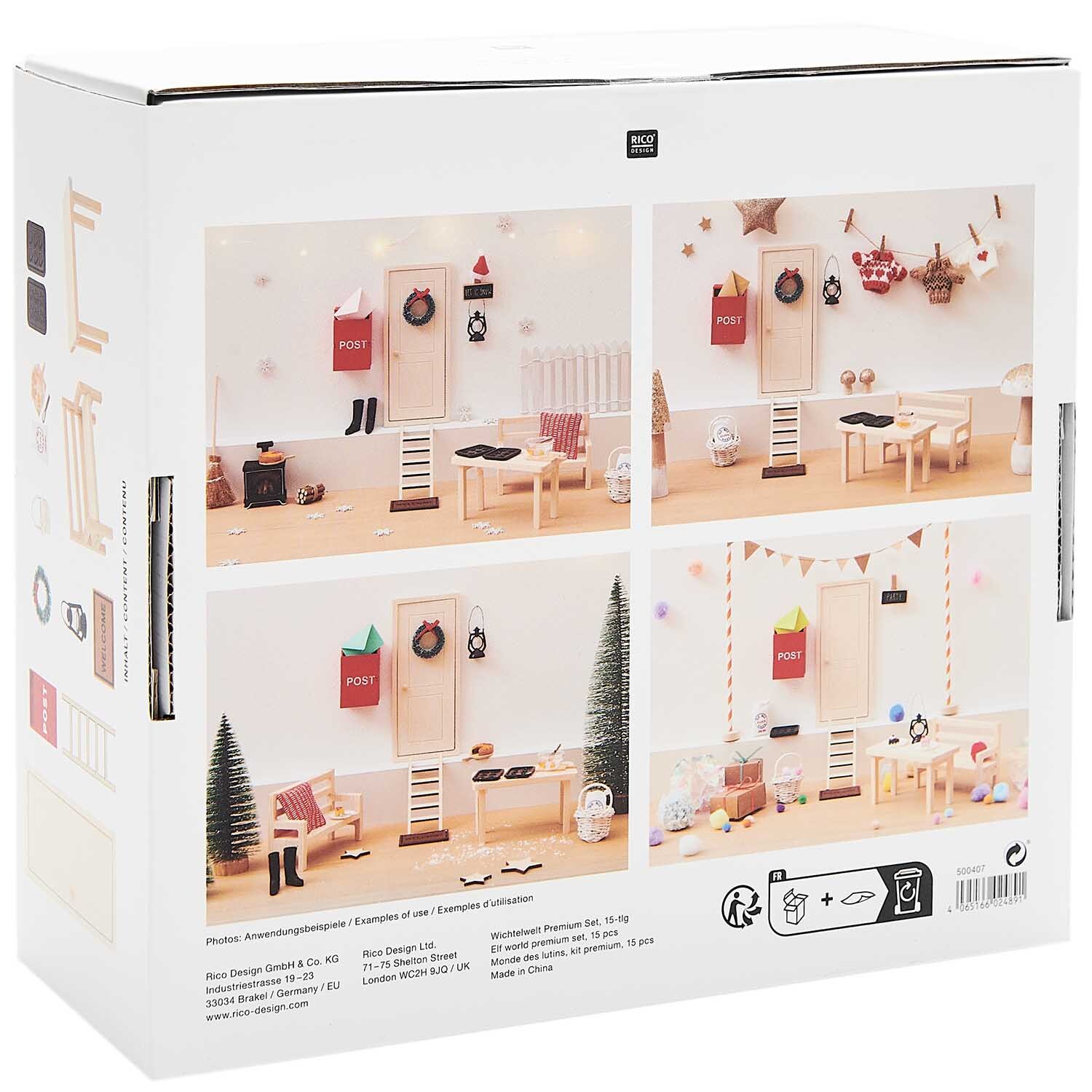 Wichtelwelt Premium-Set: Detailreiche Miniatur-Szene mit weihnachtlicher Dekoration und Zubehör. Ideal für kreative Bastelprojekte.