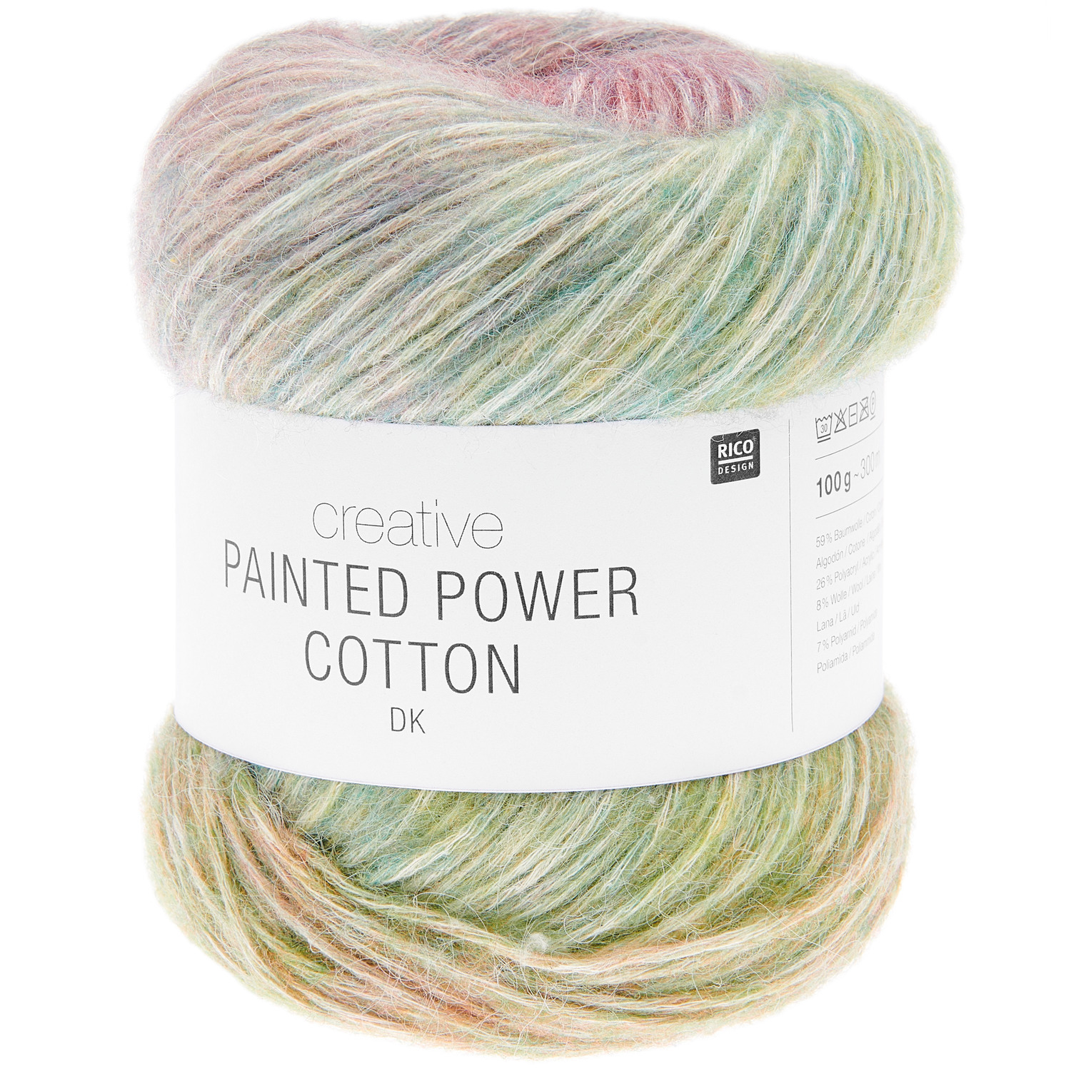 Creative Painted Power Cotton dk, bunte Wolle von Rico Design, 100g, 300m, ideal für Strickprojekte.