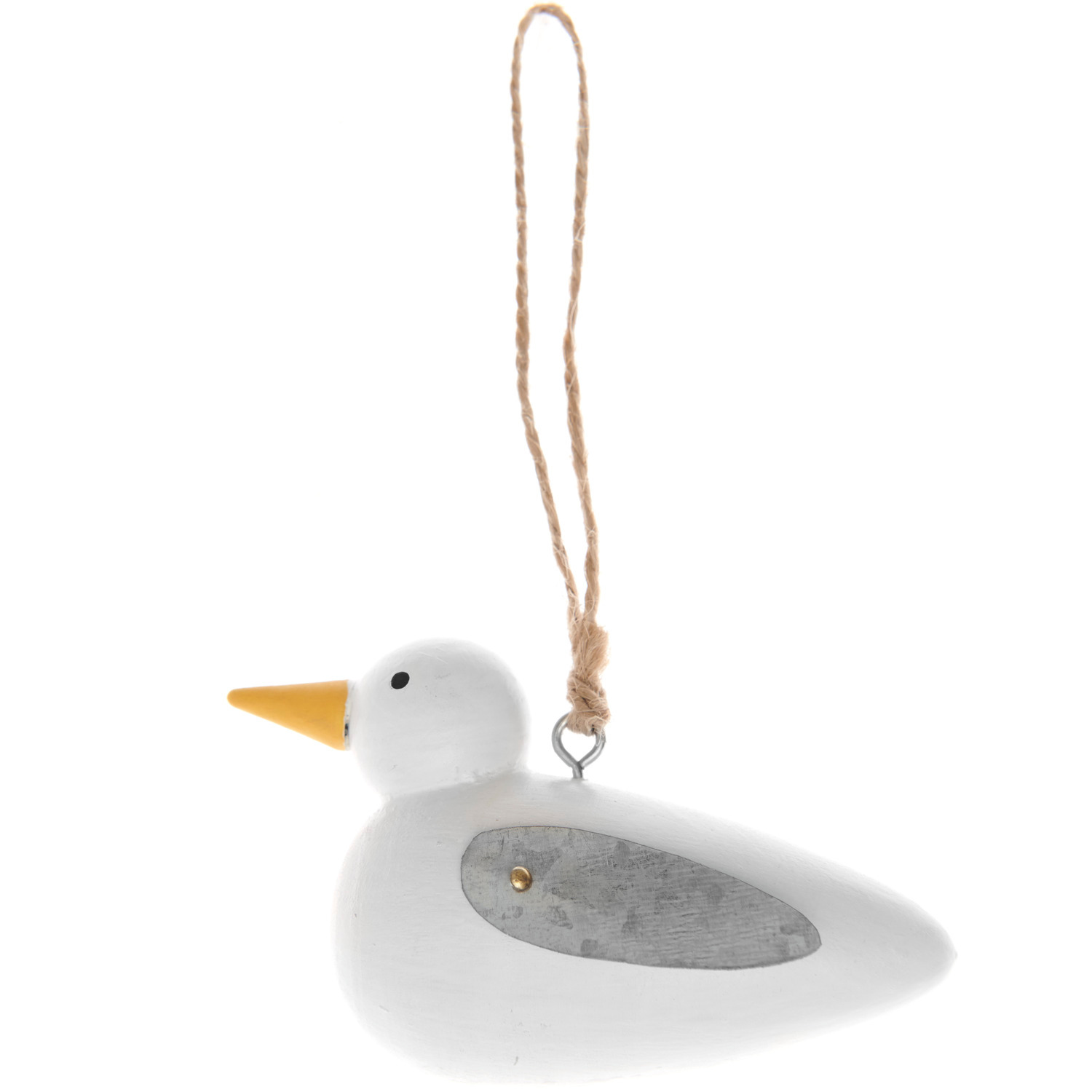 Holzanhänger Möwe sitzend: Weißer Anhänger von Rico Design, 9x4,5x4cm, mit gelbem Schnabel.