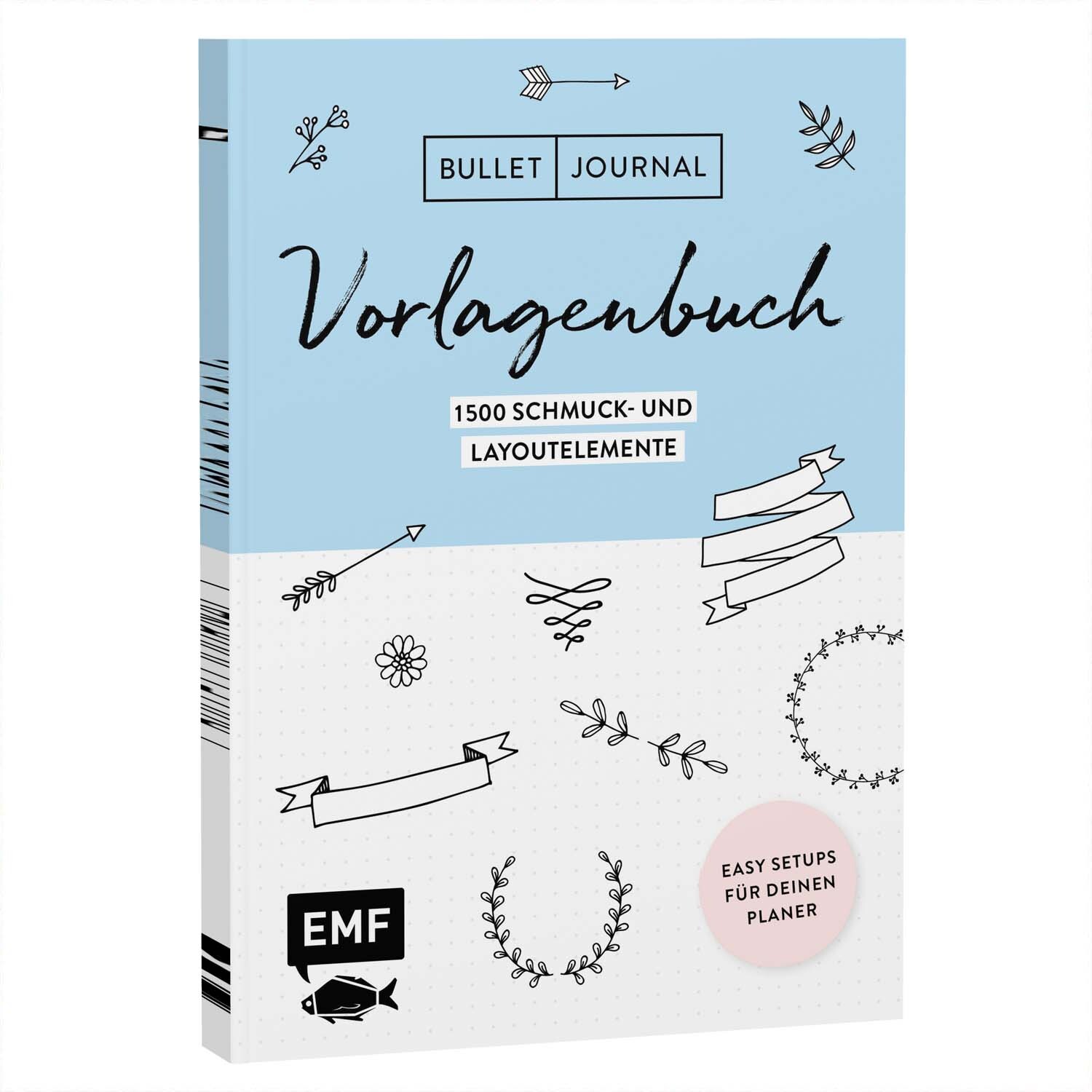 Bullet Journal Vorlagenbuch mit 1500 Layout-Elementen, hellblaues Cover, Marke EMF, dekorative Illustrationen.