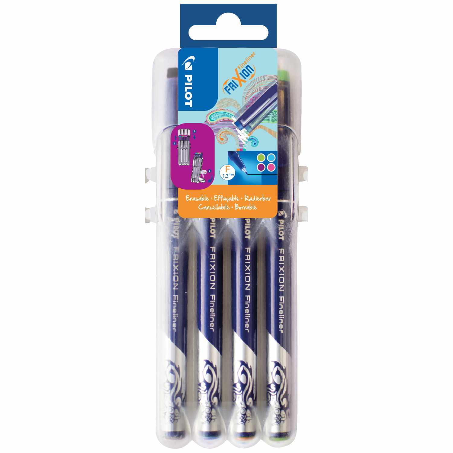 Frixion Fineliner Set2Go mit vier Stiften in verschiedenen Farben, verpackt in einer transparenten Box. Marke: PILOT.