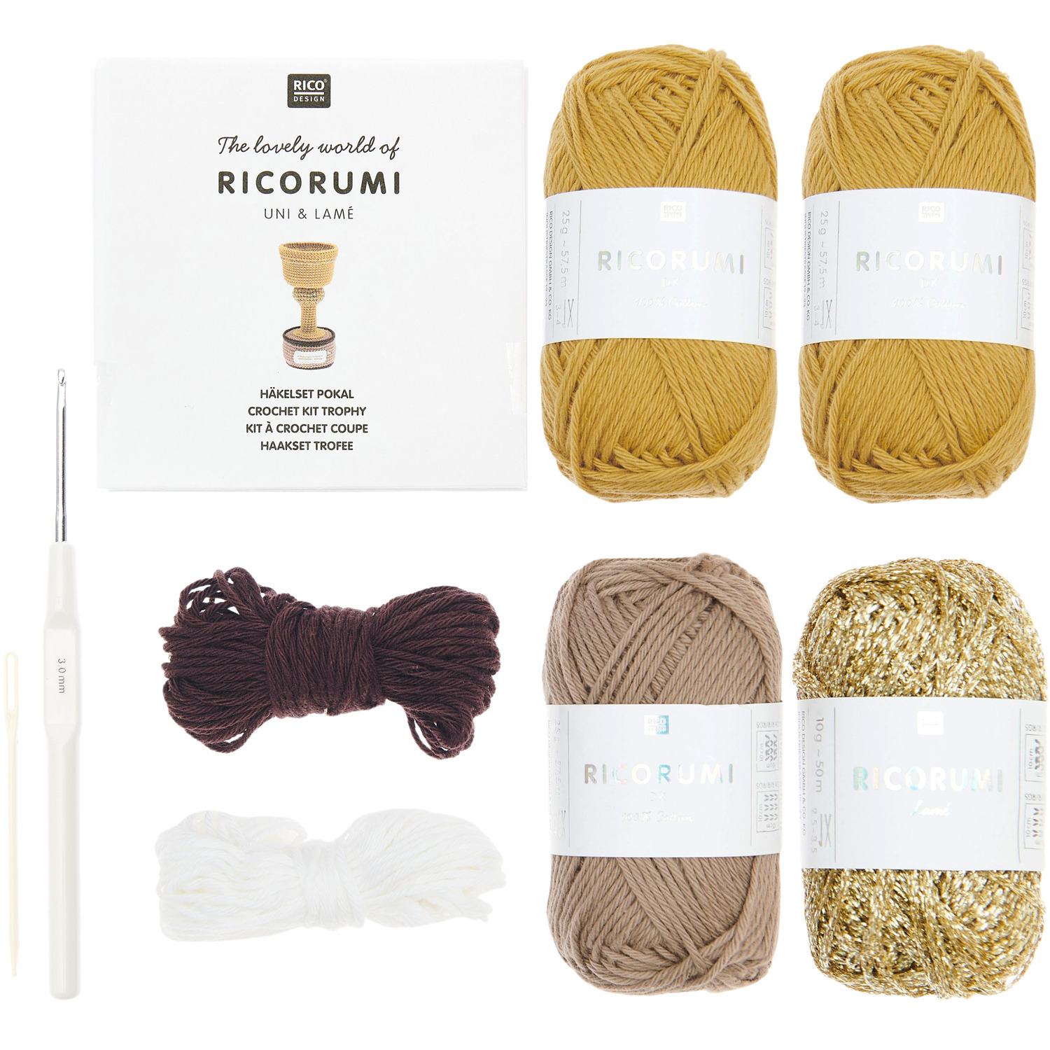Ricorumi Häkelset Pokal Gold: Komplettes Set mit Garnen in verschiedenen Farben und Häkelnadel von Rico Design. Ideal für kreative Projekte.