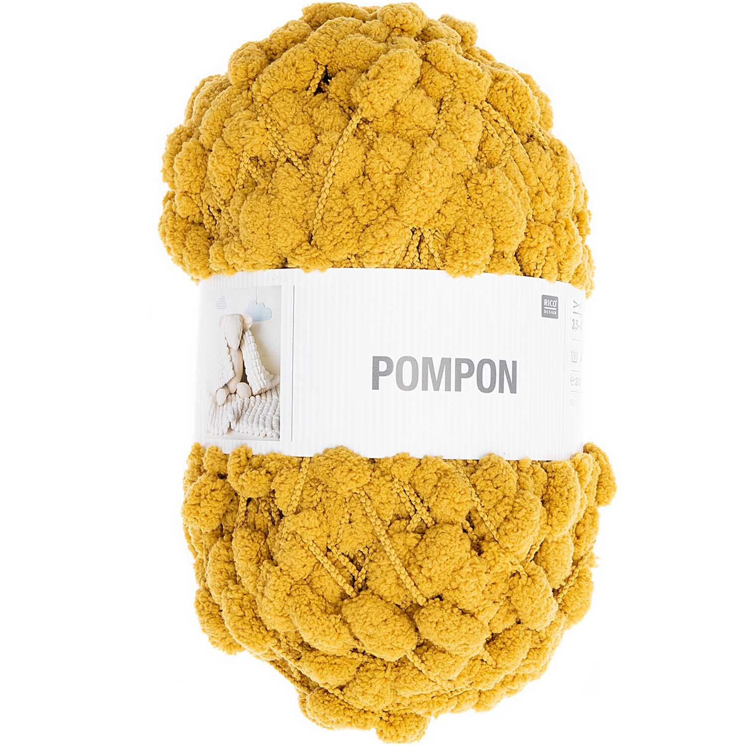 Pompon Wolle von Rico Design in Gelb, 200g, 100m. Flauschige Textur, ideal für Strickprojekte.