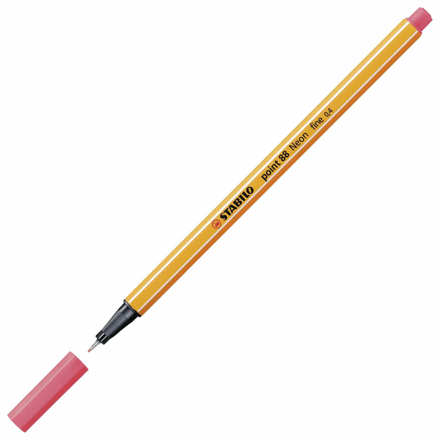 Point 88 Fineliner 0,4mm von STABILO in Neonrot, abgebildet mit abgenommener Kappe. Ideal für präzises Schreiben und Zeichnen.