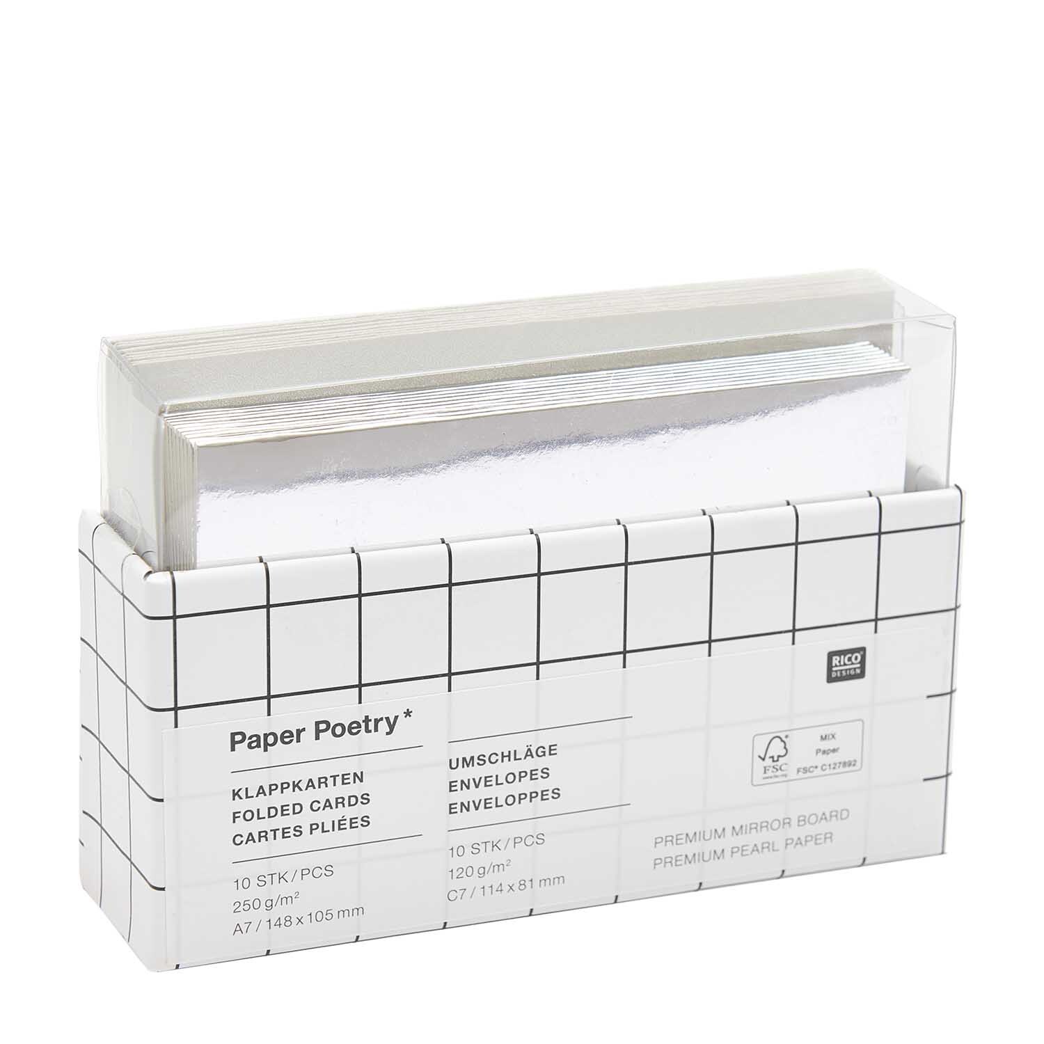 Paper Poetry Kartenset Spiegelkarton in Silber, 20-teilig, von Rico Design. Zeigt Klappkarten und Umschläge in einer transparenten Verpackung.