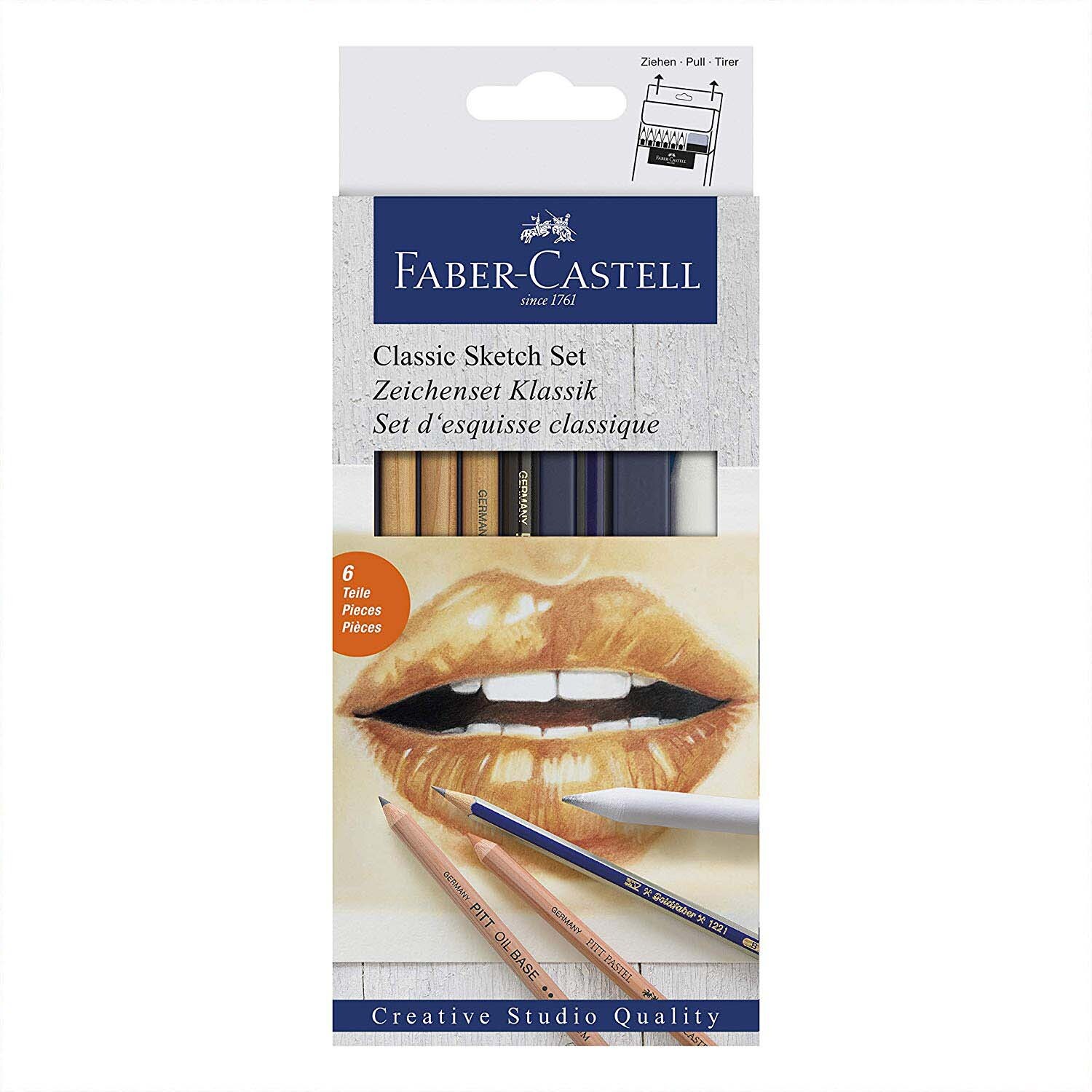 Zeichenset Klassik von Faber Castell, 6-teilig, mit verschiedenen Stiften und Lippenzeichnung auf der Verpackung.