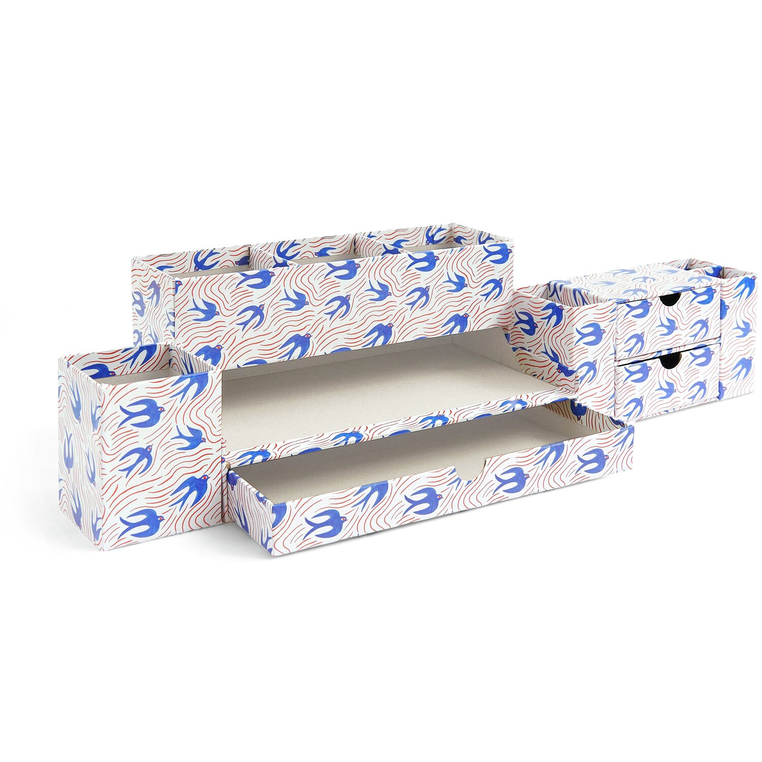 Office Box Midsommar Magic Schwalben, dekorative Aufbewahrungsboxen mit blauem Schwalbenmuster, ideal für Büroorganisation. Maße: 26x12,9x14,9cm.