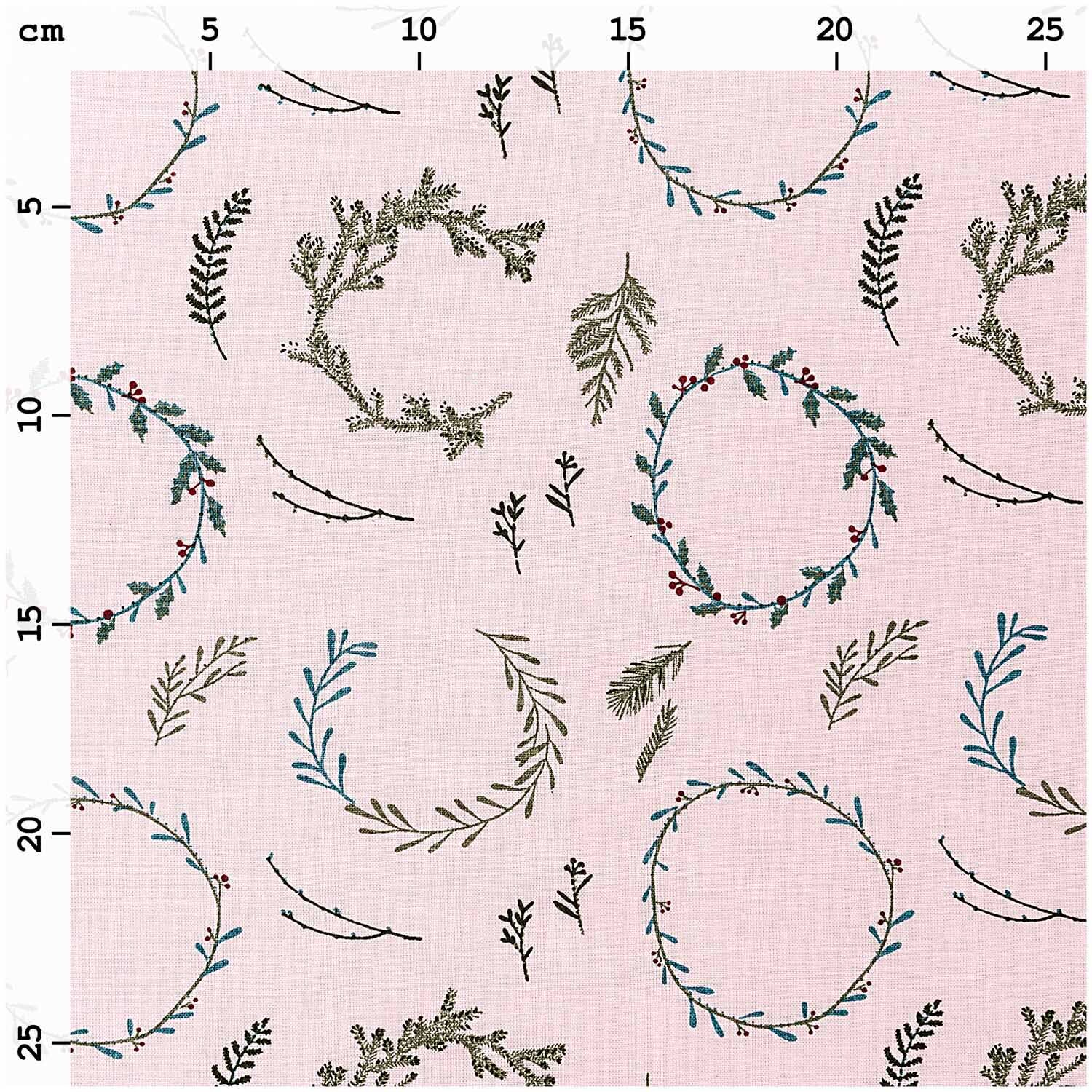Druckstoff Nostalgic Christmas Kränze mit floralen Mustern auf rosa Hintergrund, 50x140cm.