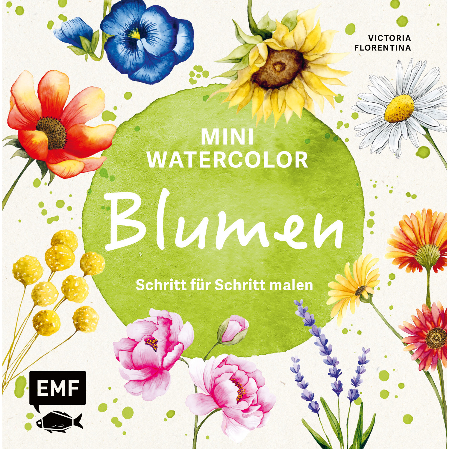 Mini Watercolor - Blumen: Ein Buchcover mit bunten Blumenillustrationen und dem EMF-Logo.