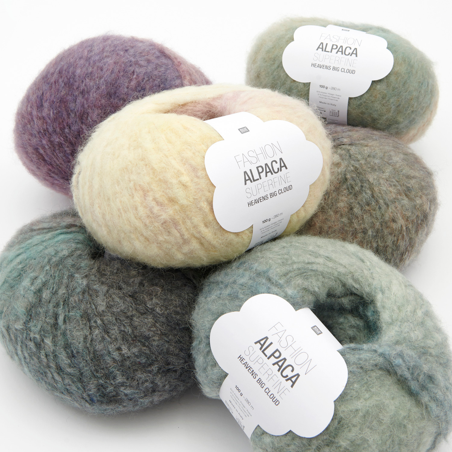 Fashion Alpaca Superfine Heavens Big Cloud: Weiche Wollknäuel in Pastelltönen von Rico Design, ideal für kreative Strickprojekte.