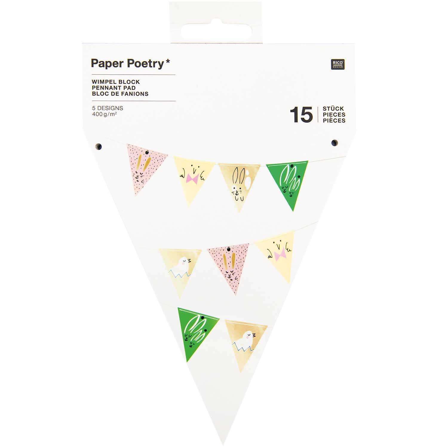 Paper Poetry Wimpel-Block Bunny Hop mit 15 bunten Wimpeln in verschiedenen Designs von Rico Design.