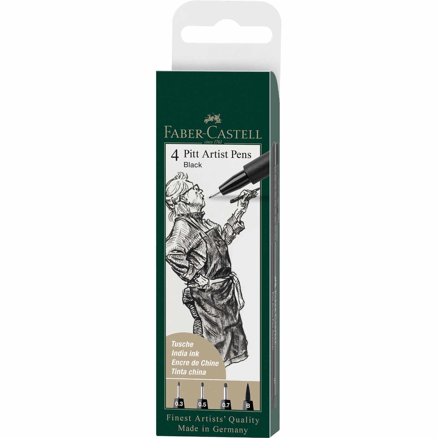 Pitt Artist Pen versch. Spitzen schwarz 4er Set von Faber Castell in Verpackung mit Künstlerabbildung. Ideal für Zeichnungen und Skizzen.