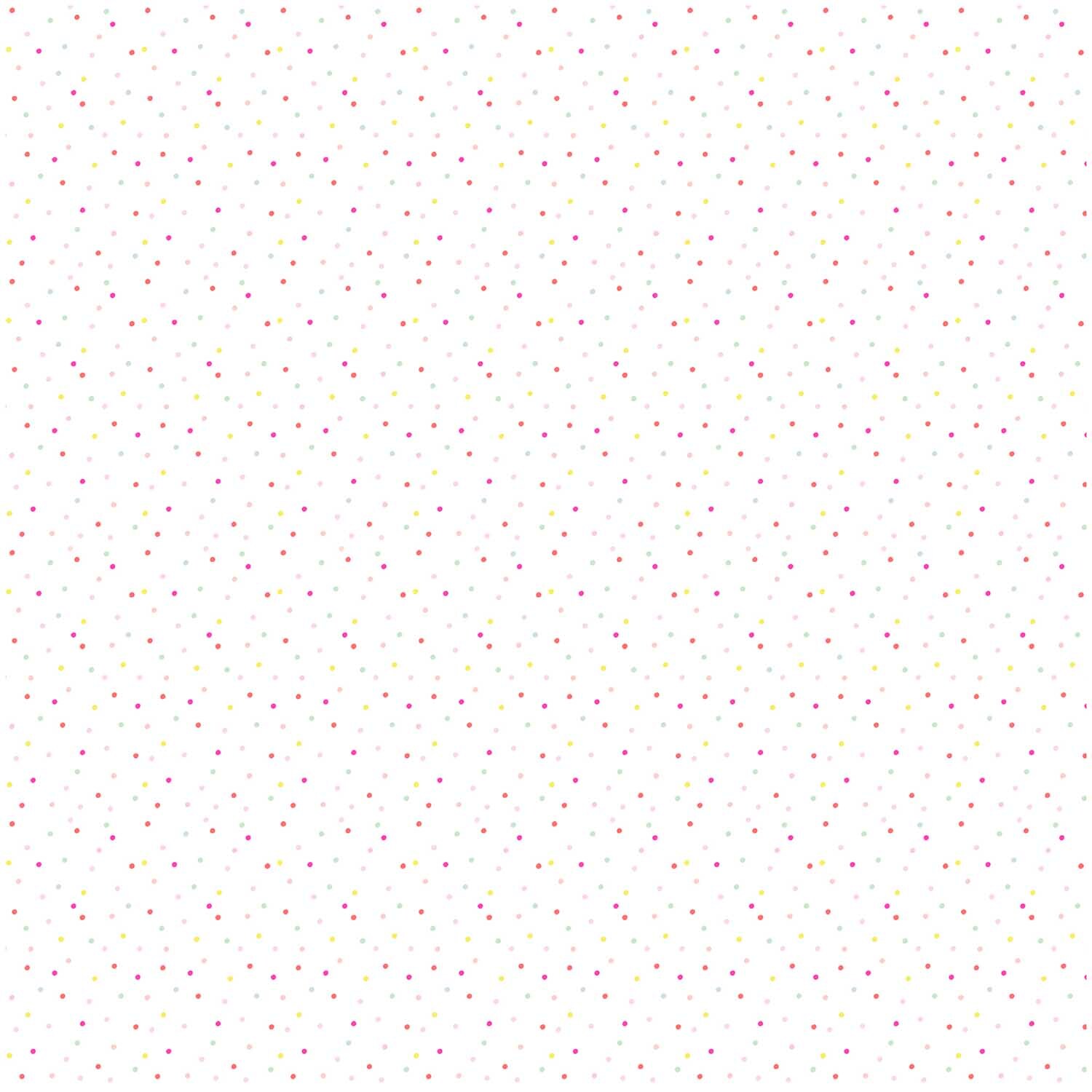 Stoff Konfetti weiß-neon-pastell 140cm mit buntem Punktmuster von Rico Design auf hellem Hintergrund.