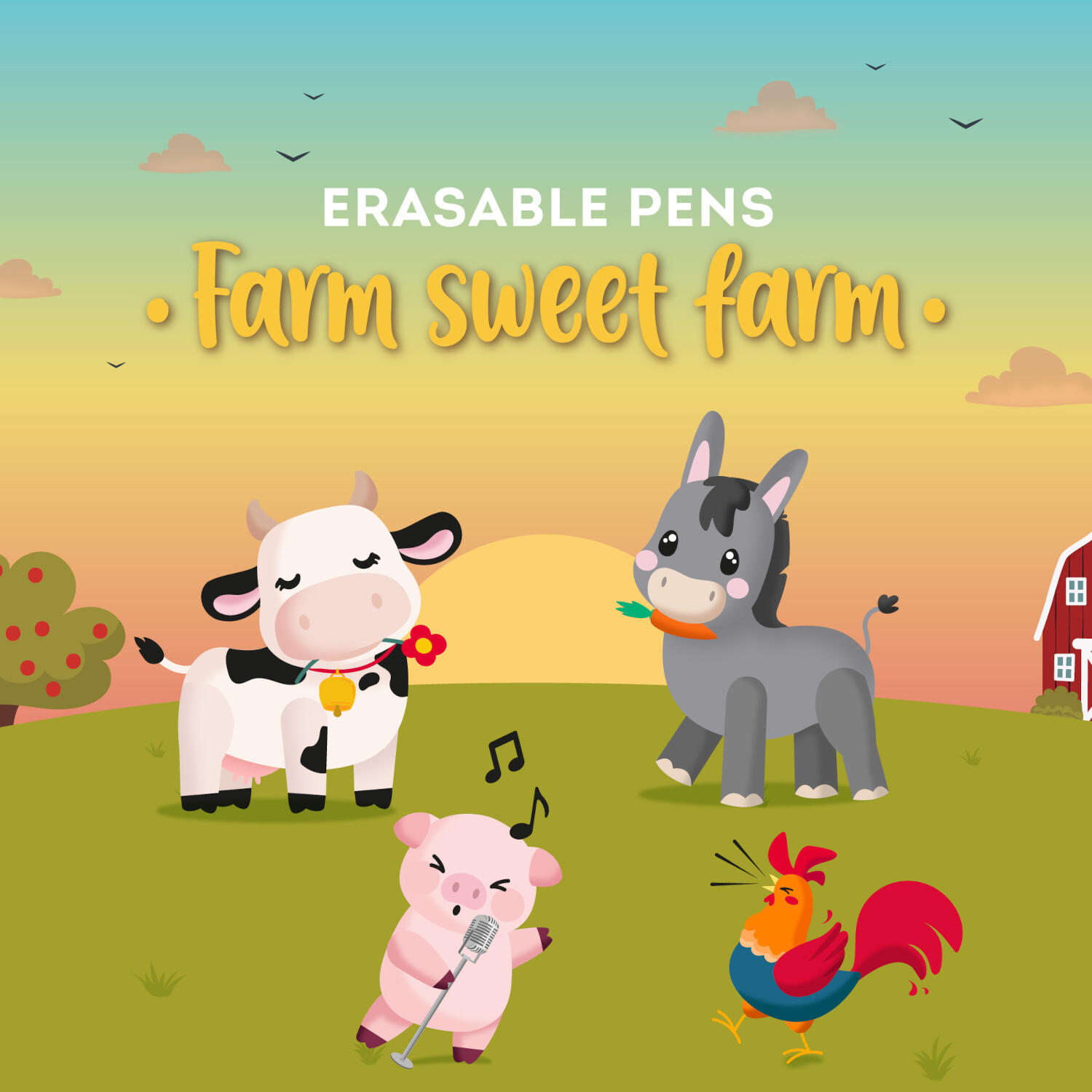 Erasable Gel Pen Set Farm Sweet Farm, 4-teilig, zeigt bunte Tiere auf einer Wiese bei Sonnenuntergang.