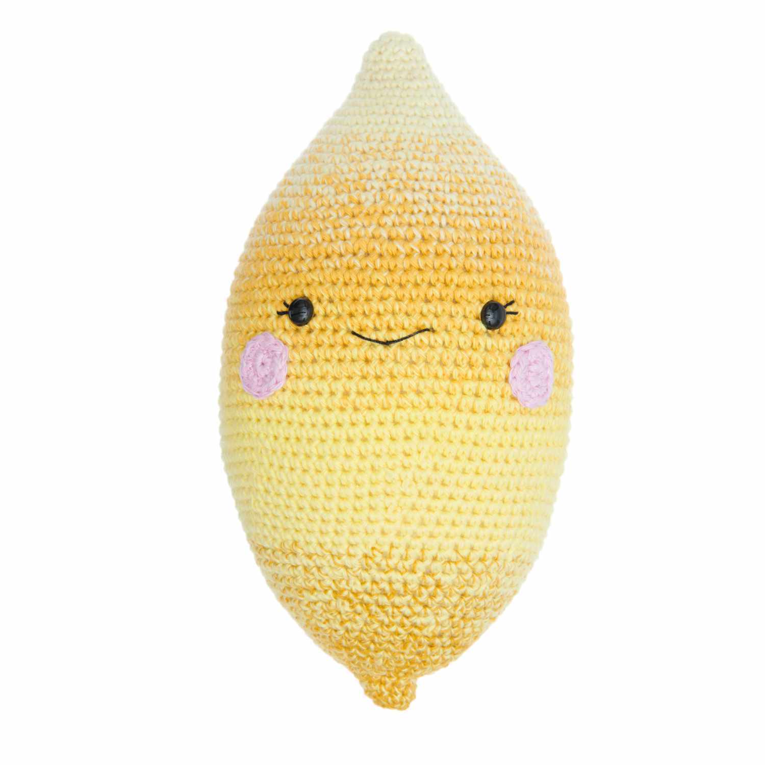 Häkelset Zitrone aus Ricorumi Fresh Friends: Gelbe, gehäkelte Zitrone mit Gesicht und rosa Wangen. Ideal für kreative Projekte.