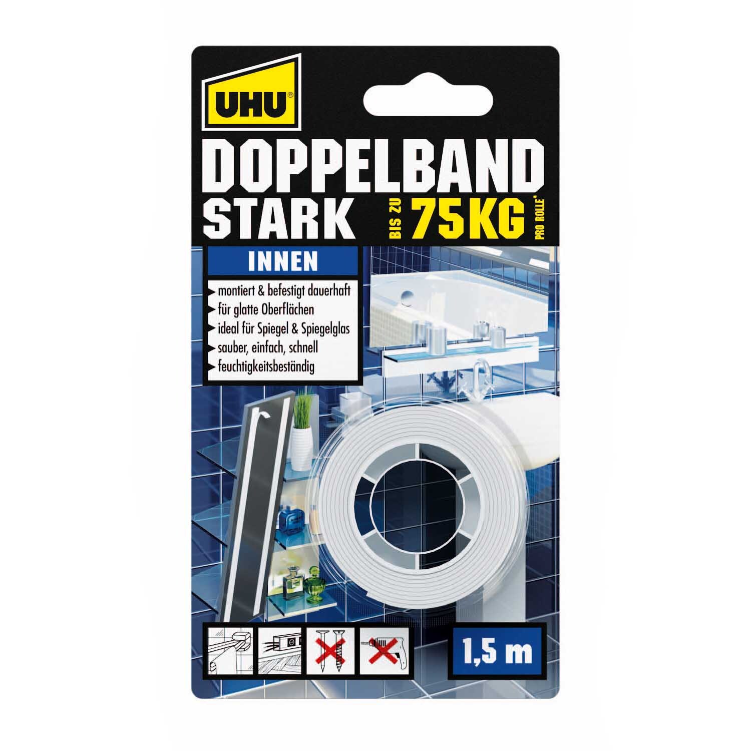 Doppelband 19mm 1,5m von UHU, starkes weißes Klebeband für Innenanwendungen, hält bis zu 75 kg. Ideal für glatte Oberflächen.