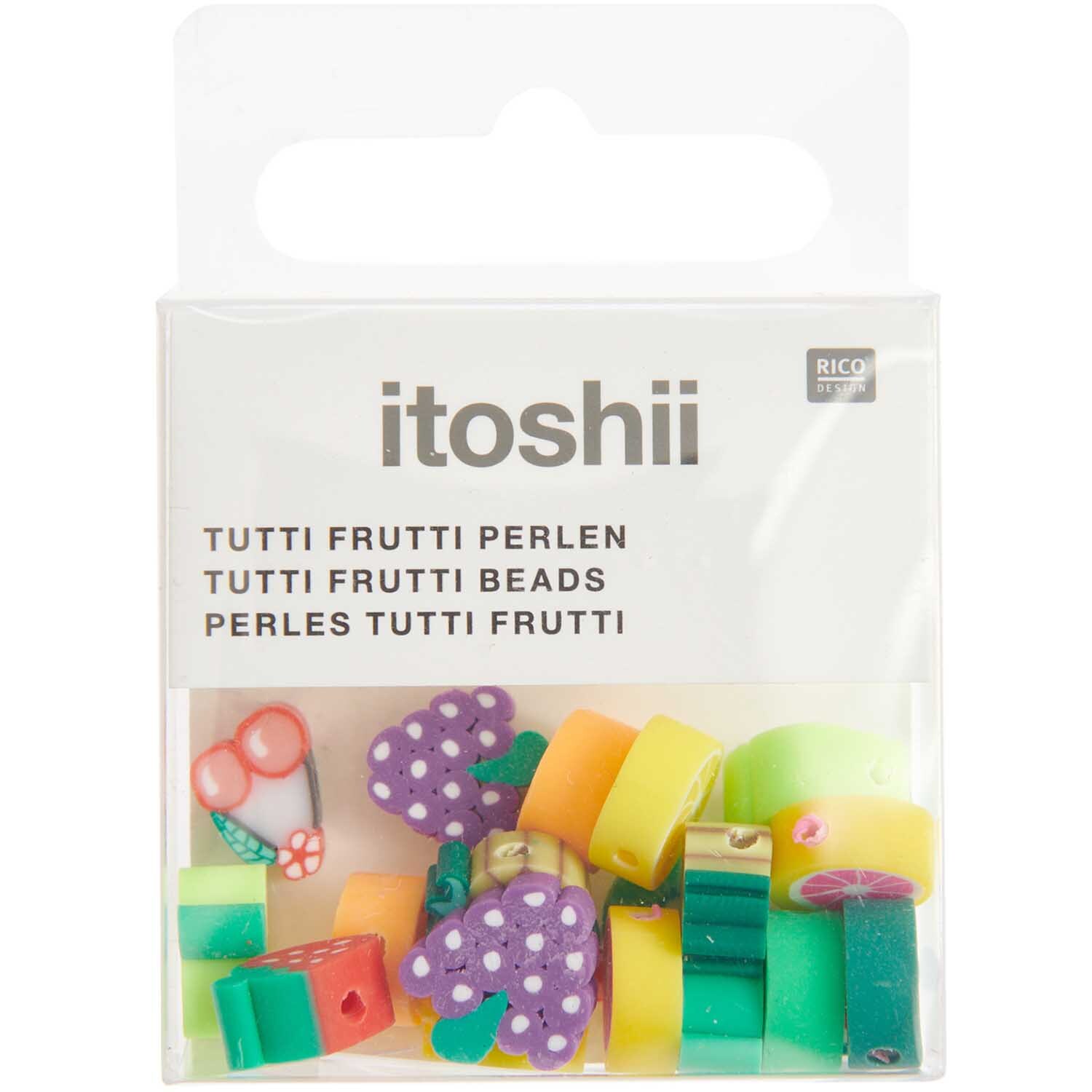 itoshii Tutti Frutti Perlen, 11mm, 20 Stück. Bunte Perlen in verschiedenen Formen und Farben von Rico Design in einer transparenten Verpackung.