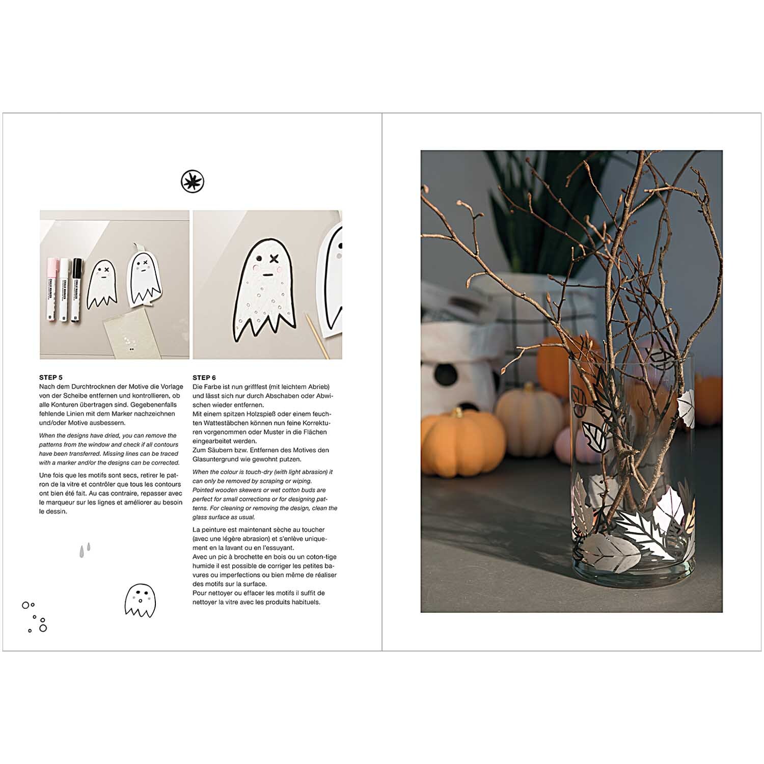 Vorlagenmappe Halloween Fenster- und Glasmalerei zeigt Geisterdesigns mit Kreidestiften von Rico Design. Im Hintergrund sind Kürbisse zu sehen.