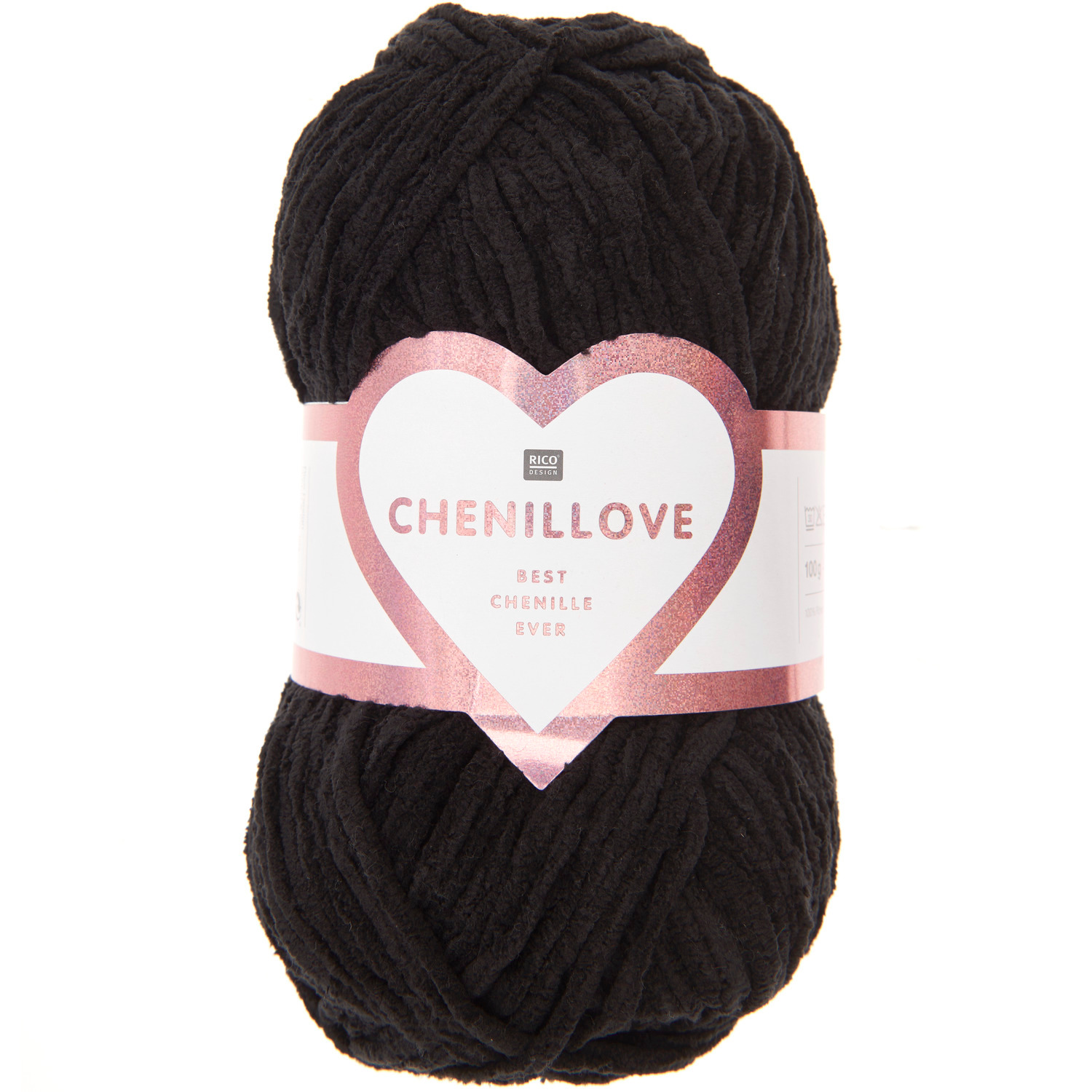Creative Chenillove Häkelset zeigt eine schwarze Chenille-Garnrolle mit Herzetikett. Ideal für kreative Häkelprojekte.