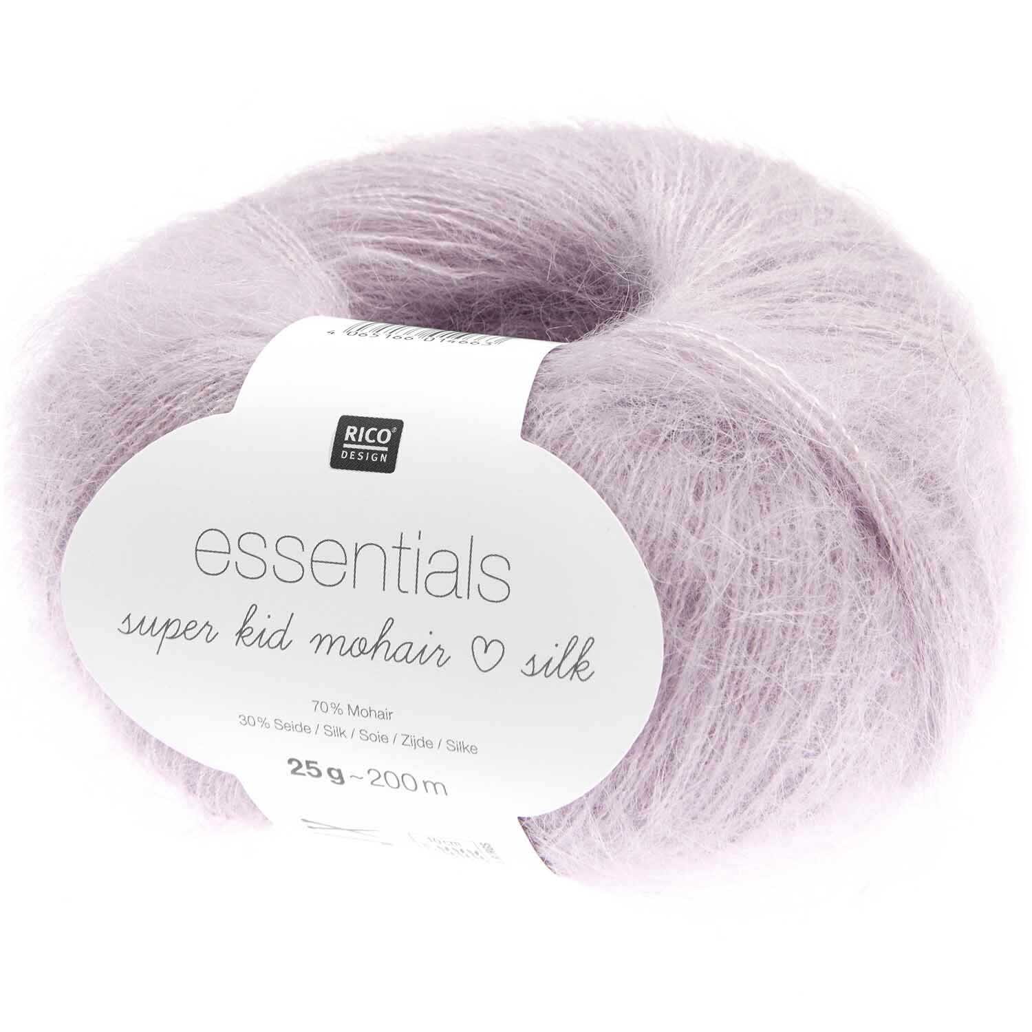 Essentials Super Kid Mohair Loves Silk: Weiches, blasslila Garn von Rico Design, ideal für Strickprojekte.