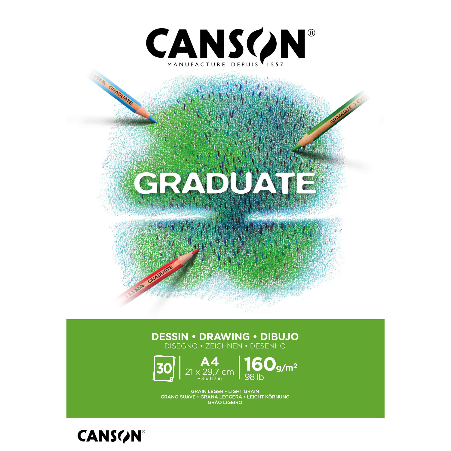 Graduate Zeichenpapier Block 30 Blatt, DIN A4 160g/m², mit buntem Design und Canson-Logo.