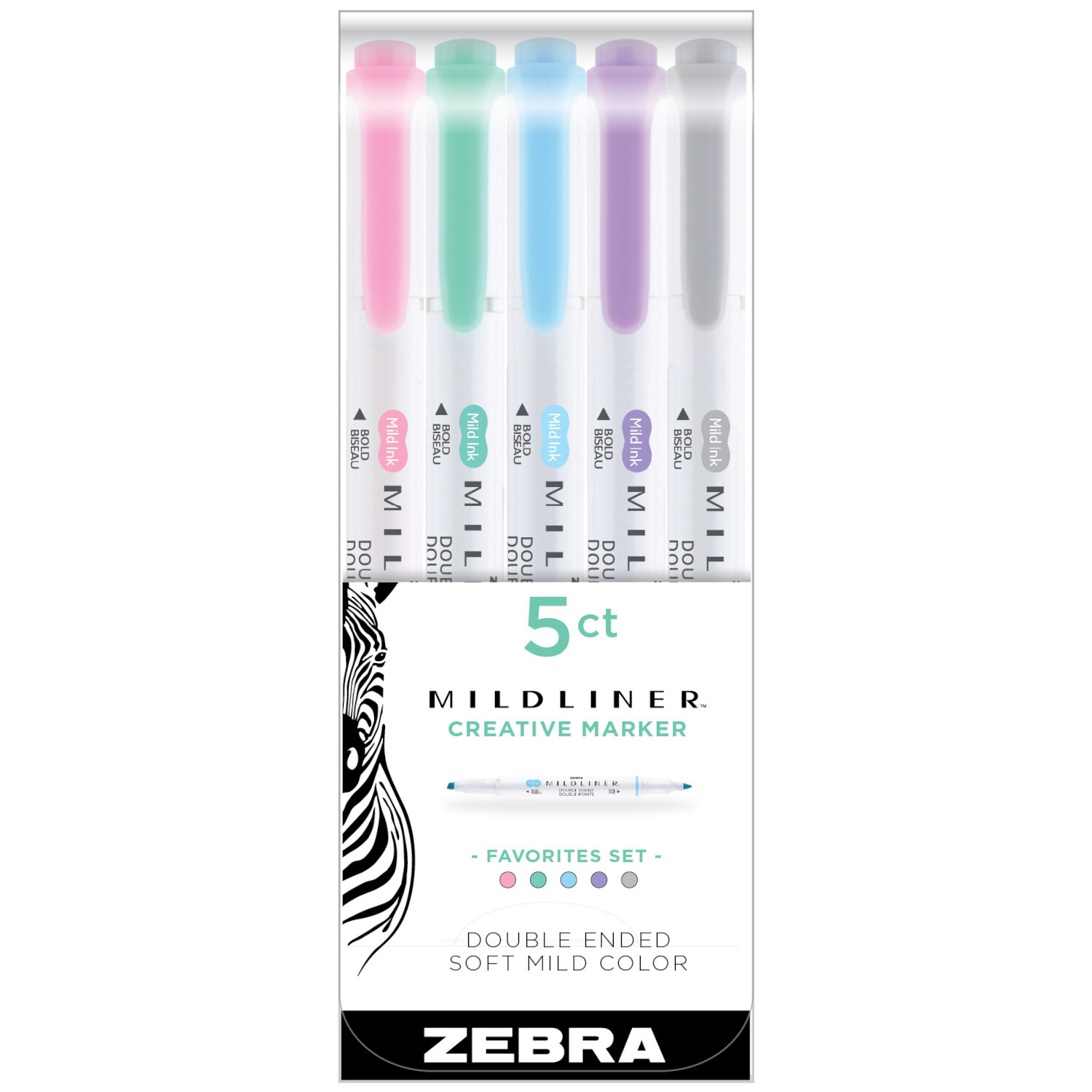 Mildliner Set Favorites: 5-teiliges Set von ZEBRA mit weichen Pastellfarben, ideal für kreative Markierungen.