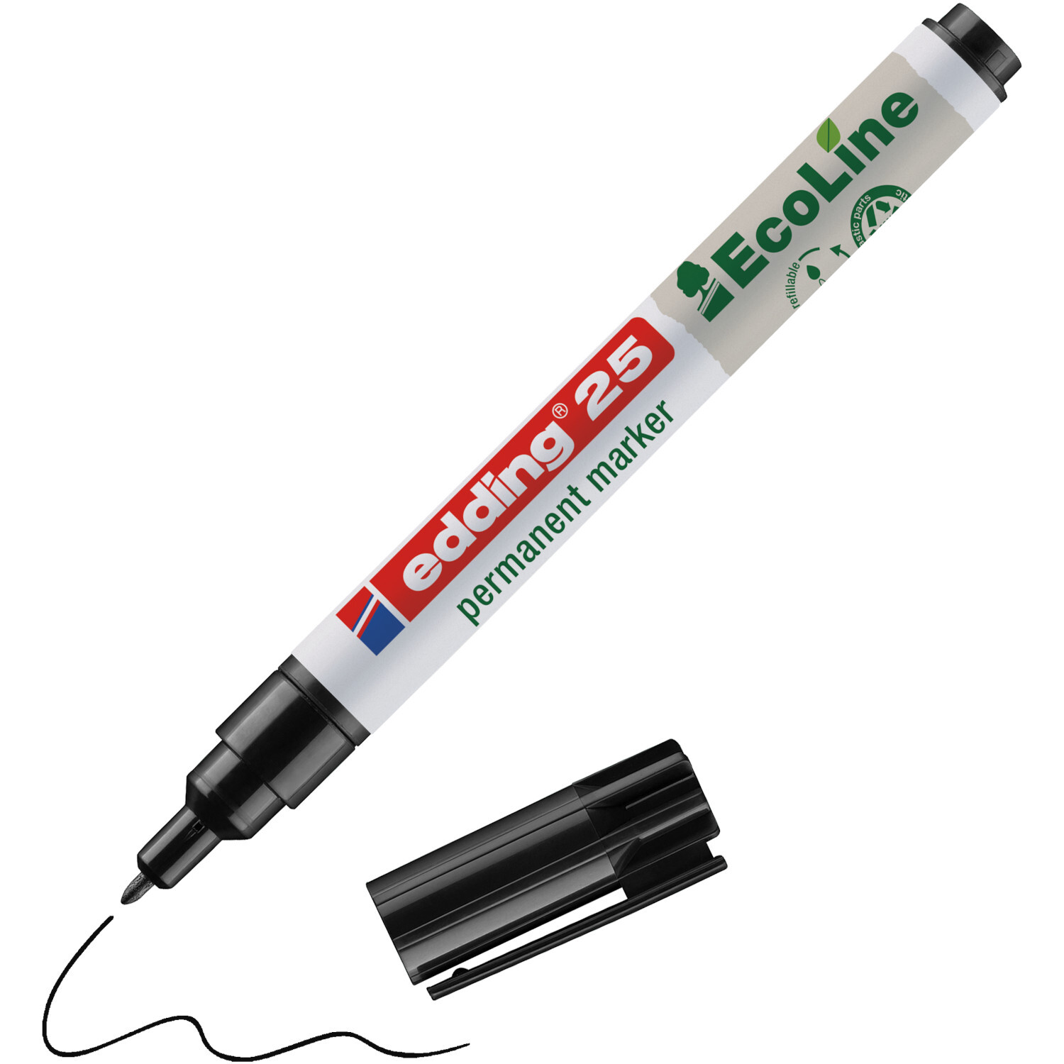 25 EcoLine Permanentmarker 1mm von edding, schwarze Tinte, abnehmbarer Deckel, nachhaltiges Design.