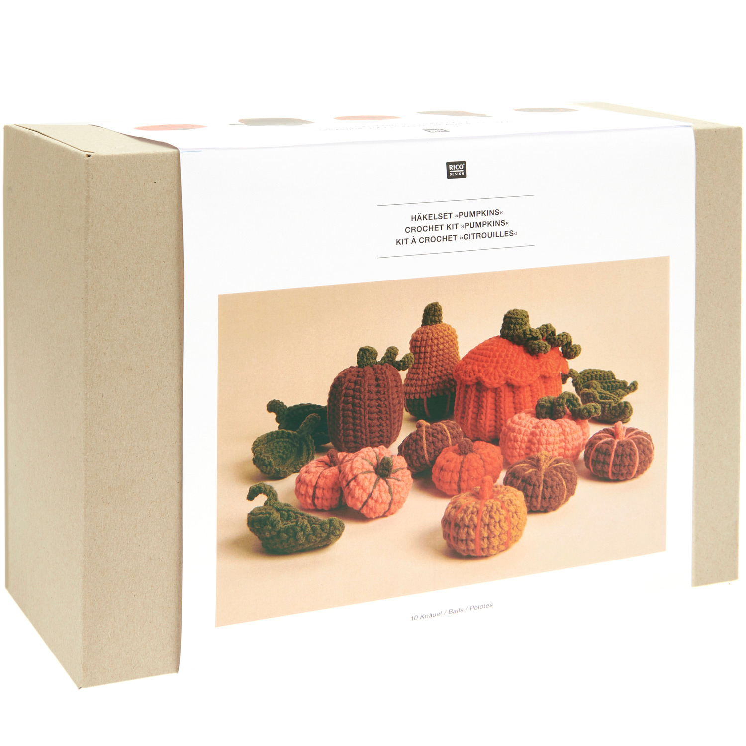 Häkelset Pumpkins: Kreatives Set von Rico Design für herbstliche Kürbis-Dekorationen in warmen Farben.