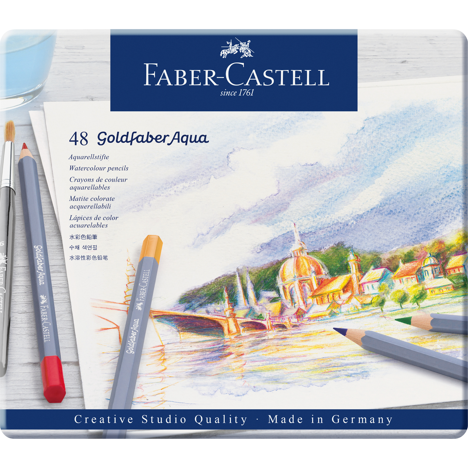 Goldfaber Aqua Aquarellstifte im Metalletui, 48-teilig, von Faber Castell, ideal für kreative Aquarellkunst.