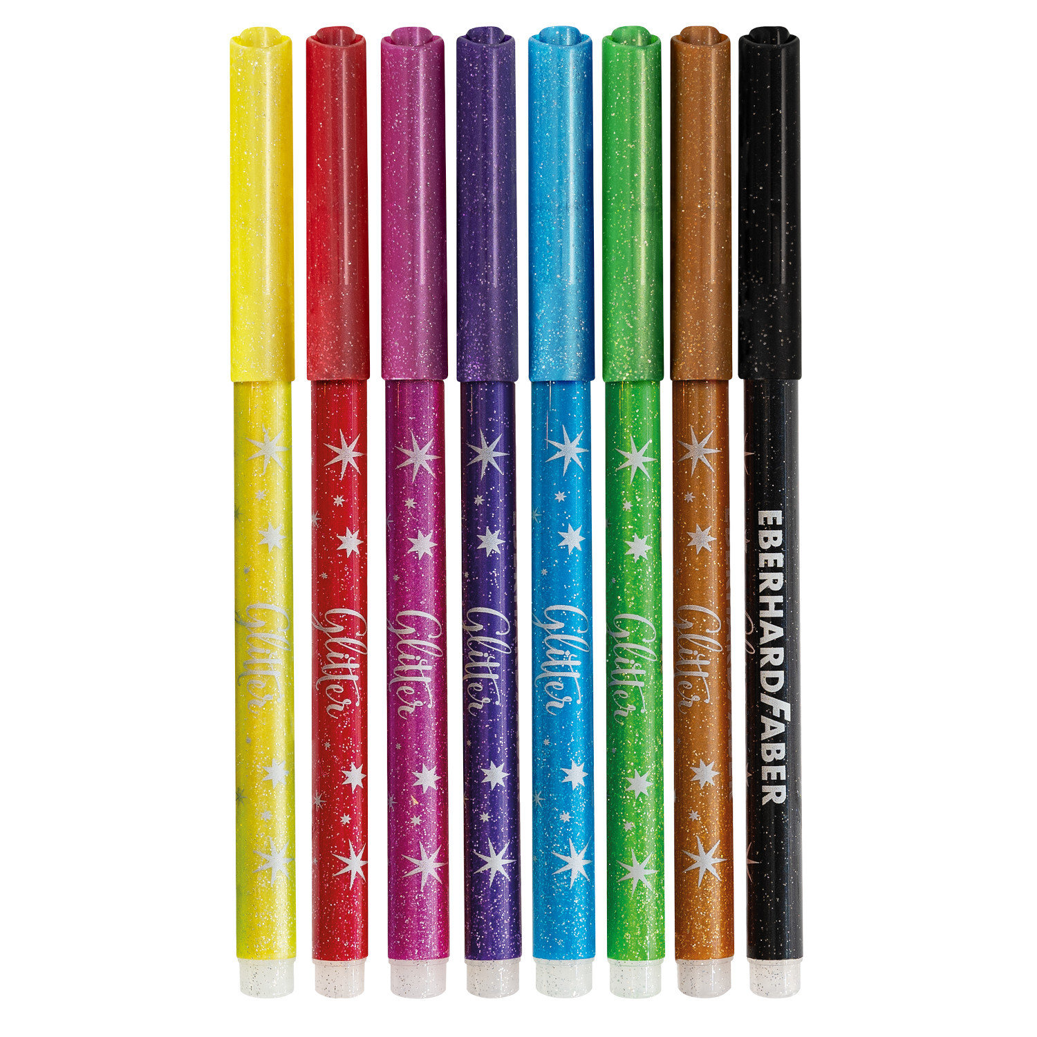 Glitter Fasermaler 8 Stück, Eberhard Faber: Bunte Stifte in Gelb, Rot, Lila, Blau, Grün, Braun, Schwarz. Ideal für kreative Projekte.