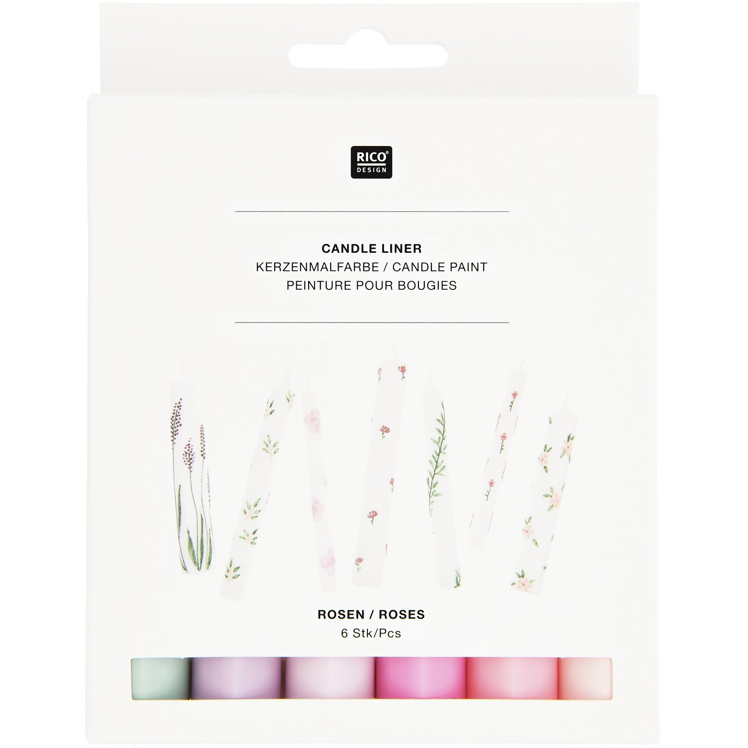 Candle Liner Kerzenmalfarbe Set Roses von Rico Design zeigt sechs bunte Flaschen à 30ml.