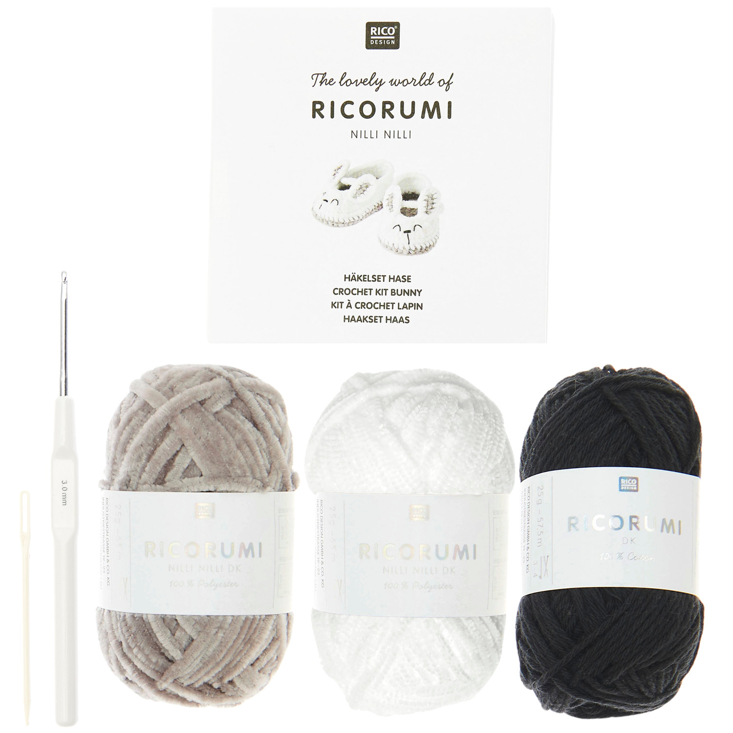 Ricorumi Häkelset Baby Booties Hase mit Garn in Grau, Weiß und Schwarz, inklusive Häkelnadel und Anleitung von Rico Design.