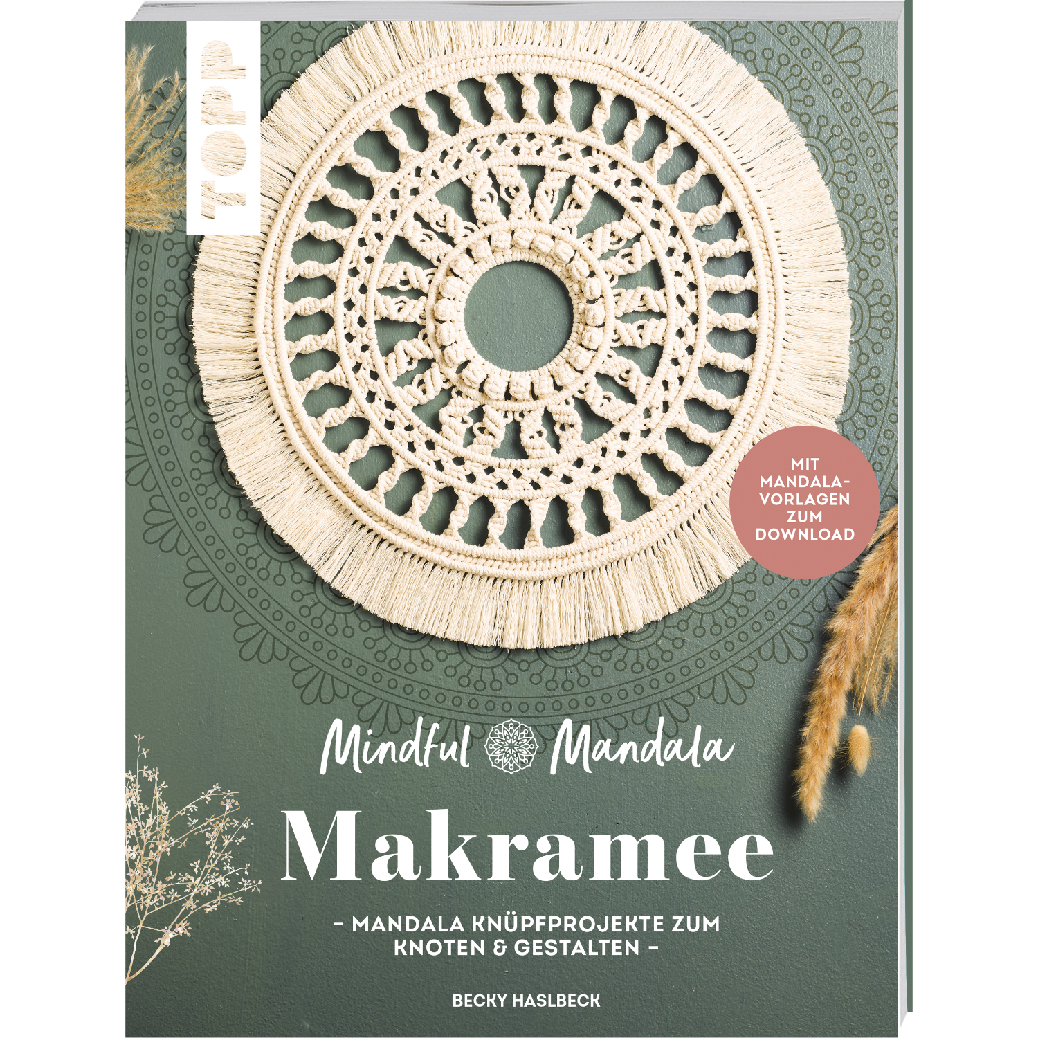 Mindful Mandala-Makramee: Buchcover mit Makramee-Mandala auf grünem Hintergrund, Marke TOPP.
