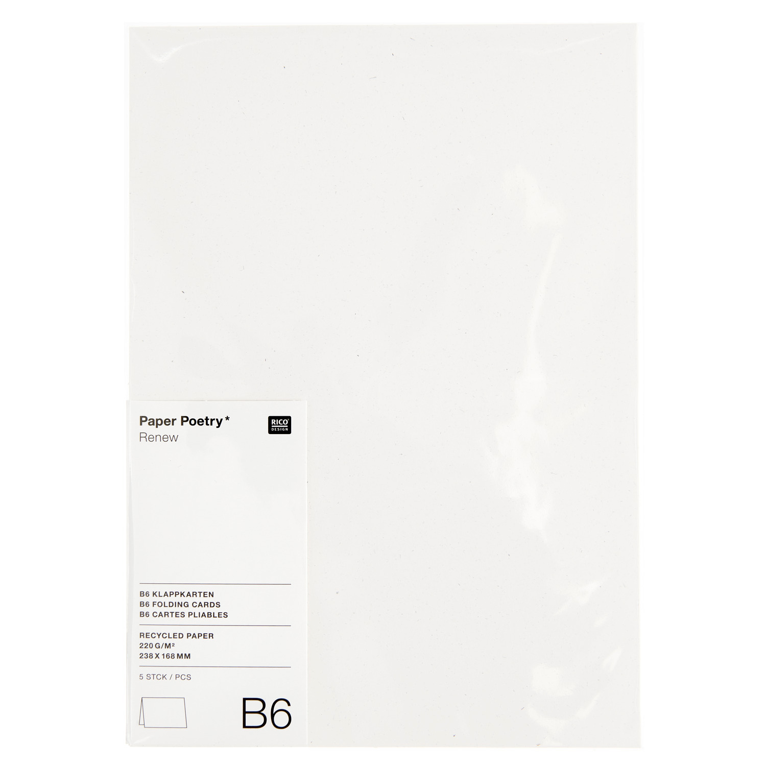 Paper Poetry Renew Karten B6, cremefarbene Klappkarten von Rico Design, 5 Stück, auf weißem Hintergrund.
