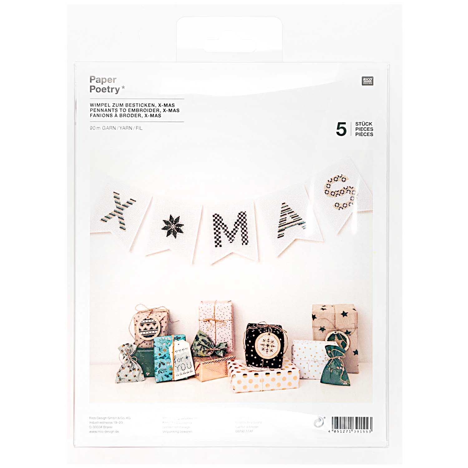 Paper Poetry Wimpel Zum Besticken X-MAS: Weiße Wimpel mit X-MAS-Motiv, ideal für kreative Weihnachtsdekorationen. Enthält Garn, Marke Rico Design.