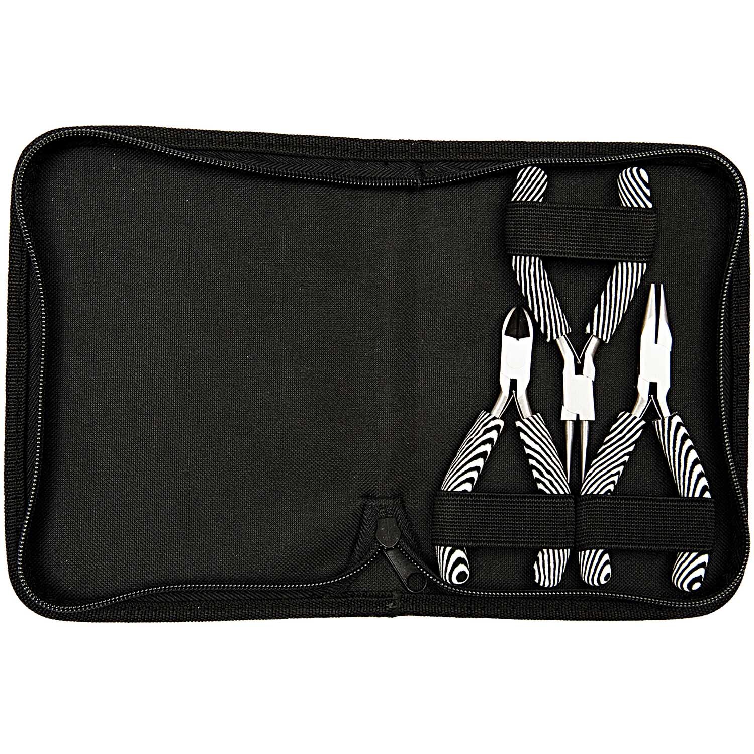 Zangen Designset Zebra 19x28,5cm in einem schwarzen Etui mit stilvollem Zebramuster von Rico Design. Ideal für präzise Arbeiten.