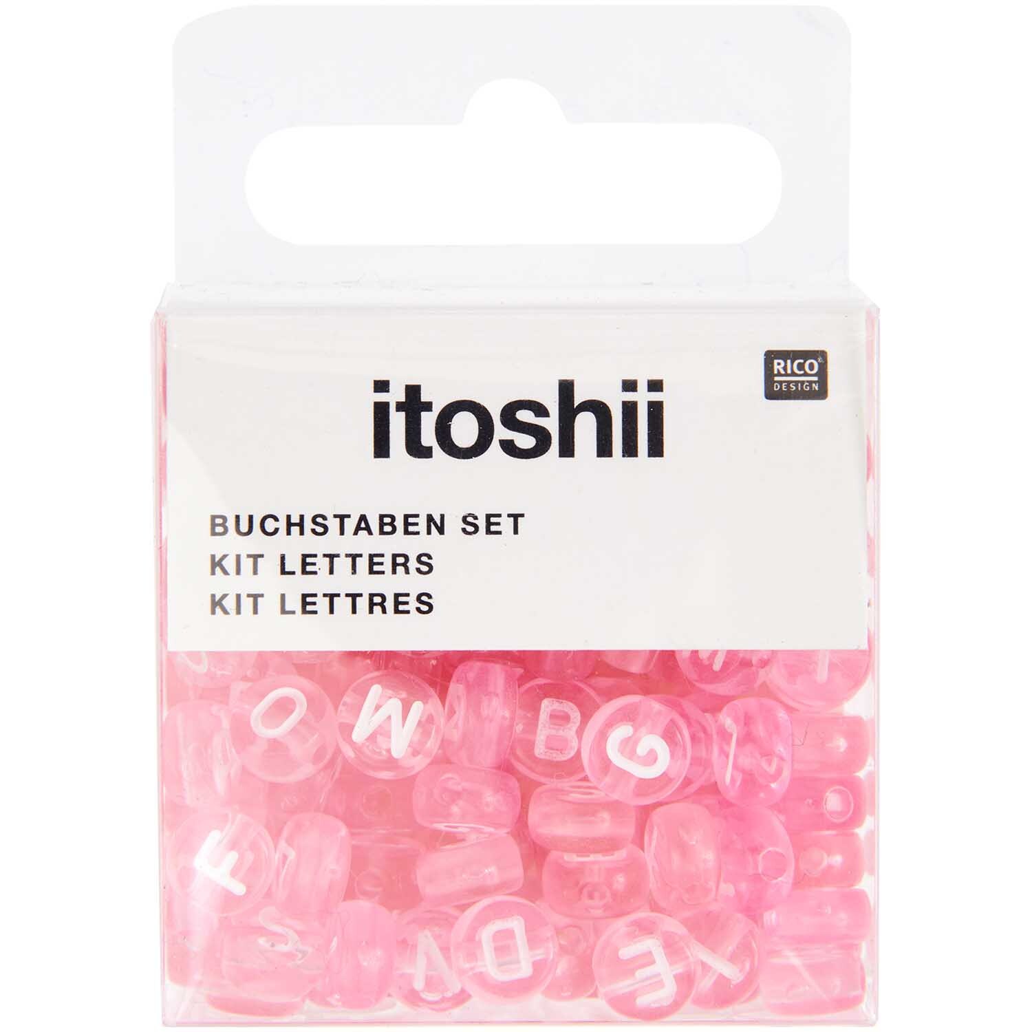 itoshii Perlen Buchstaben-Mix in Rosa, 165 Stück, von Rico Design, in einer transparenten Verpackung.