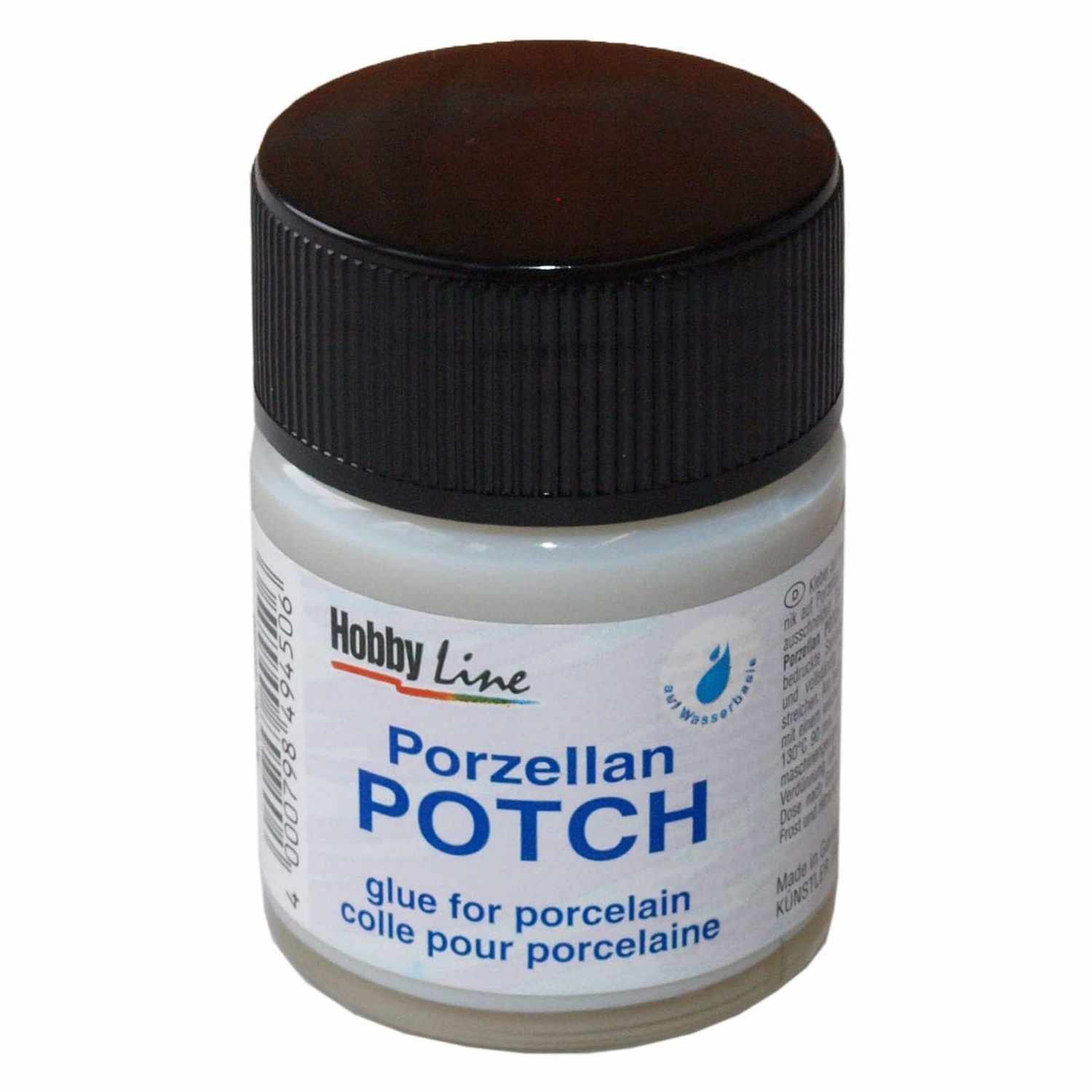Porzellan Potch 50ml von KREUL, ein transparenter Kleber in einem kleinen Behälter mit schwarzem Deckel.
