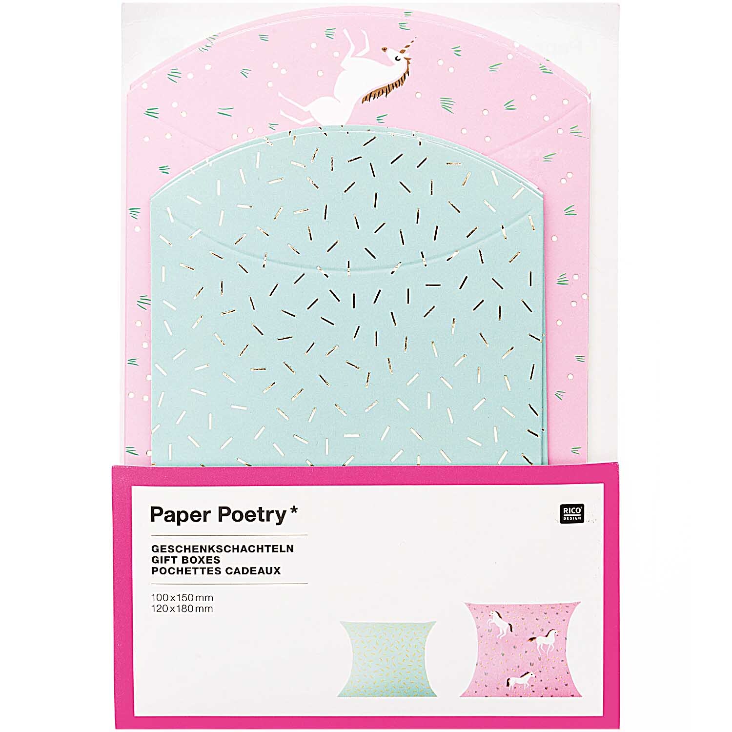 Paper Poetry Geschenkschachteln Einhörner, 6 Stück, mit buntem Einhorn-Design von Rico Design. Ideal für Geschenke.