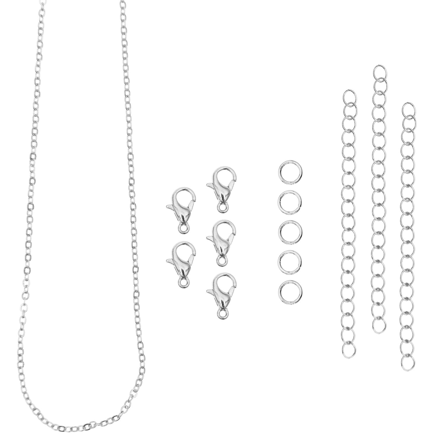 Karabiner-Verschlüsse und Ketten silber, 14-teilig von Rico Design. Enthält Ketten, Verschlüsse und Ringe in elegantem Silberton.