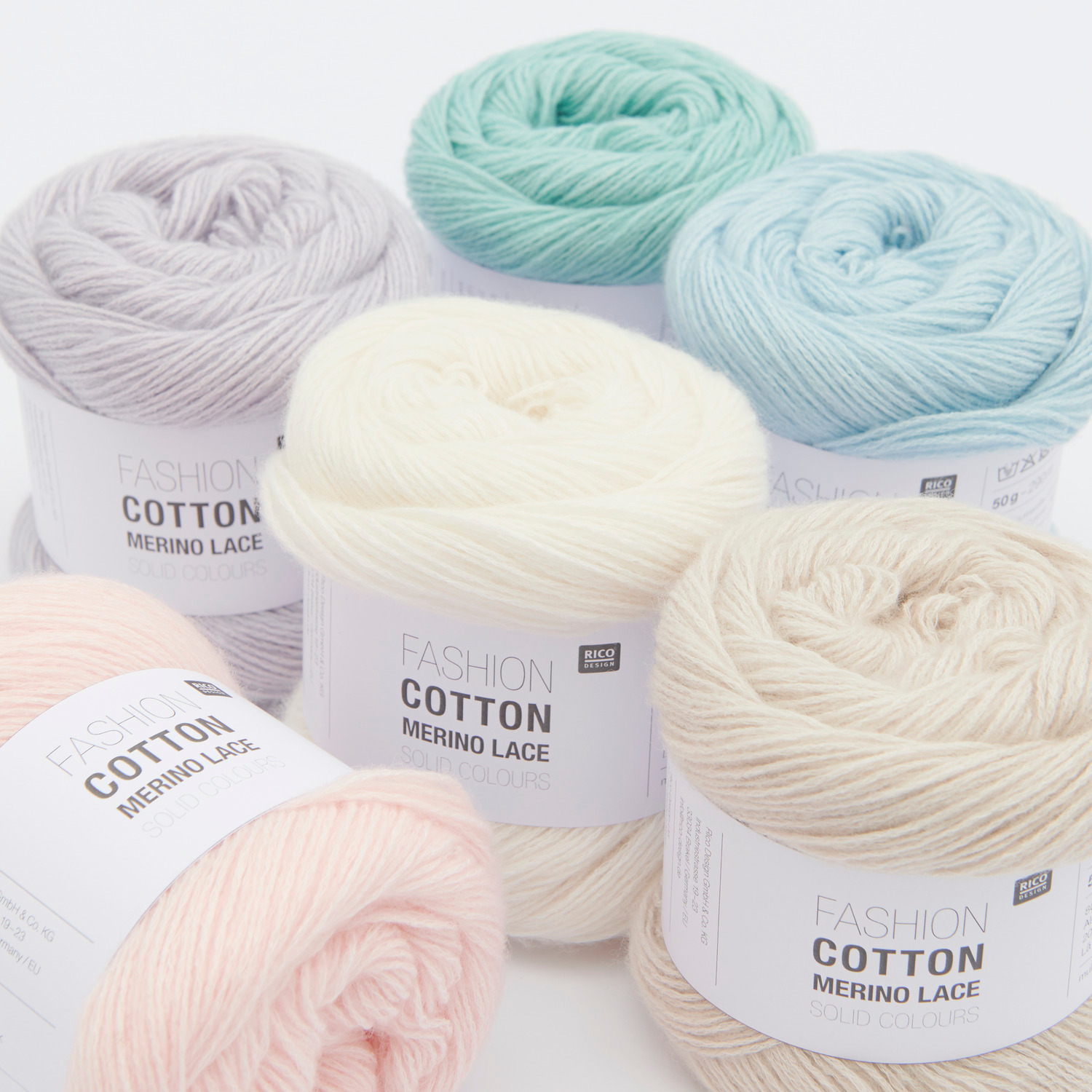 Fashion Cotton Merino Lace: Weiche Garne in Creme, Natur, Rosa, Flieder, Hellblau und Petrol von Rico Design. Ideal für kreative Strickprojekte.