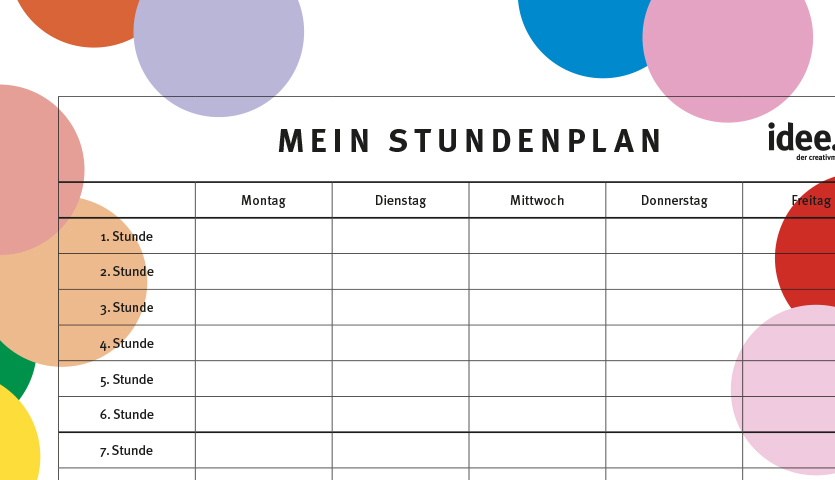 Stundenplan mit bunten Kreisen, ideal zum Downloaden. Perfekt für die Organisation der Woche.