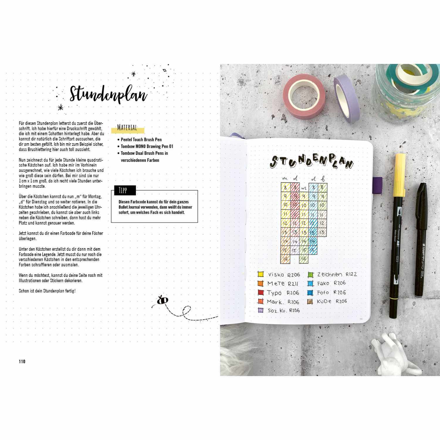 Generation BuJo - Das Anleitungsbuch für Schüler & Studenten zeigt einen Stundenplan mit bunten Markern und Washi-Tape auf einem Schreibtisch.